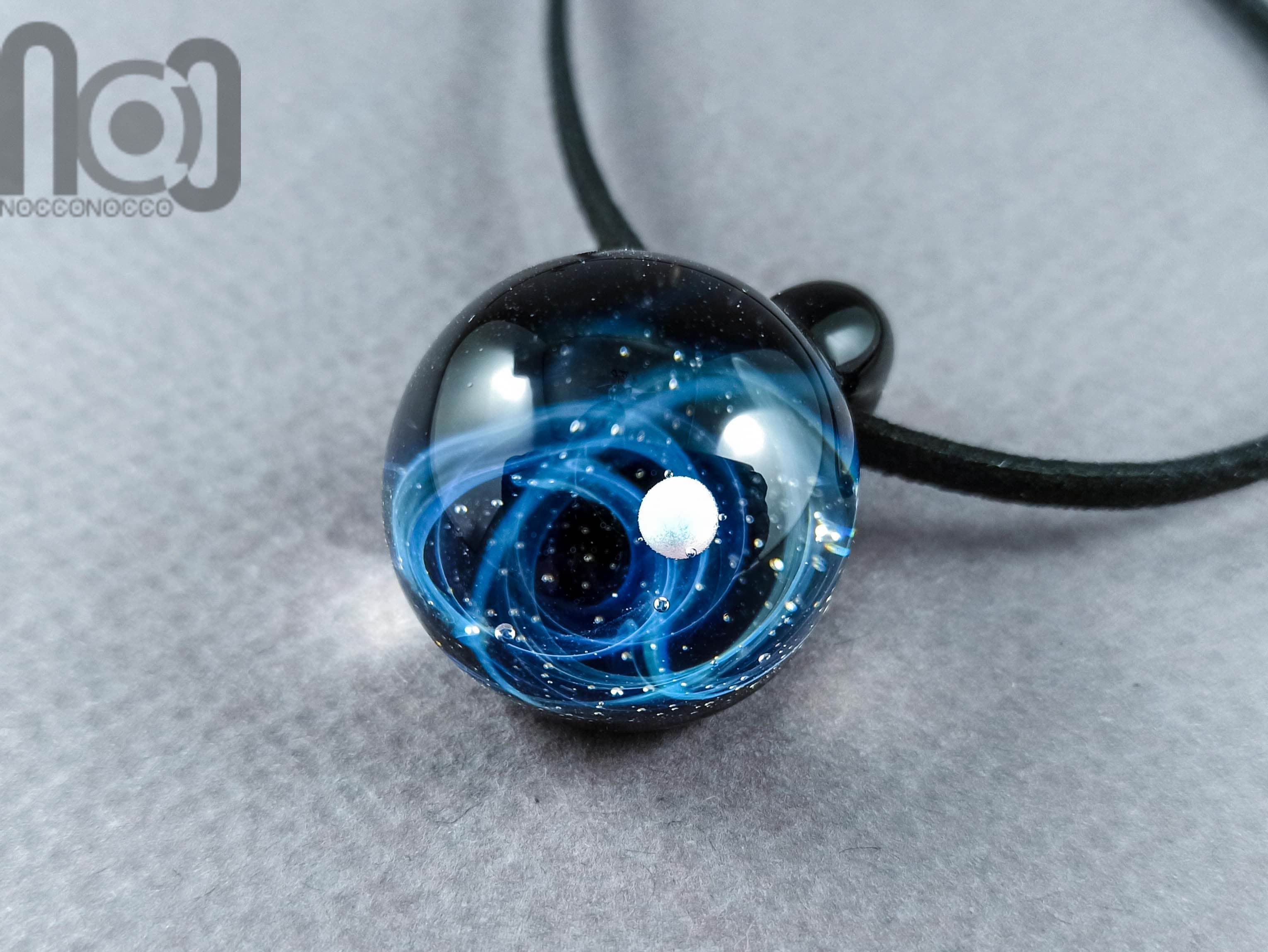 Galaxy Pendant with An Opal Planet, v172 — handmade borosilicate glass by NoccoNocco, detail view 2 of 2, made in Greece