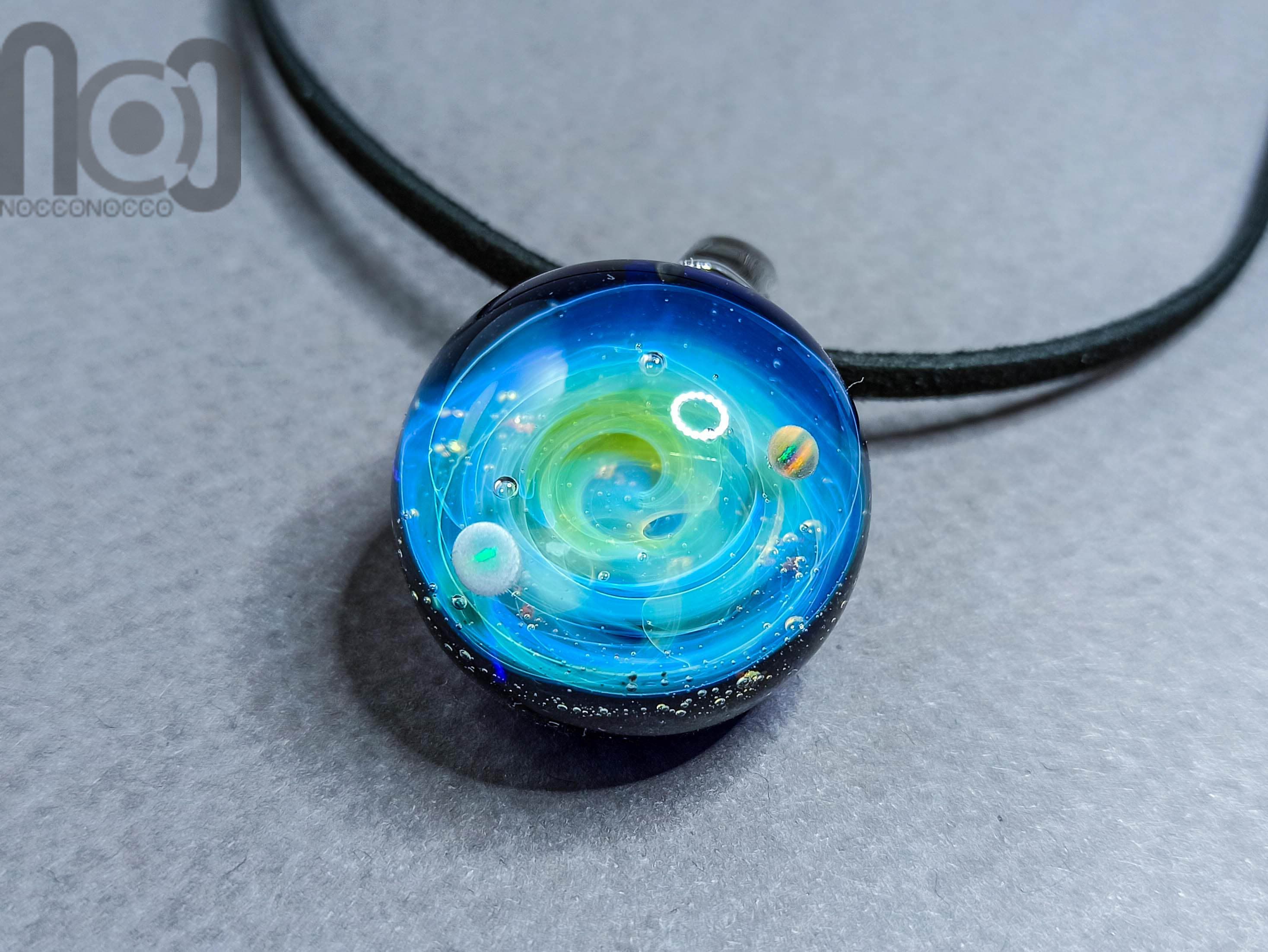 Galaxy Pendant with Two Opal Planets, v158 — handmade borosilicate glass by NoccoNocco, main view, made in Greece
