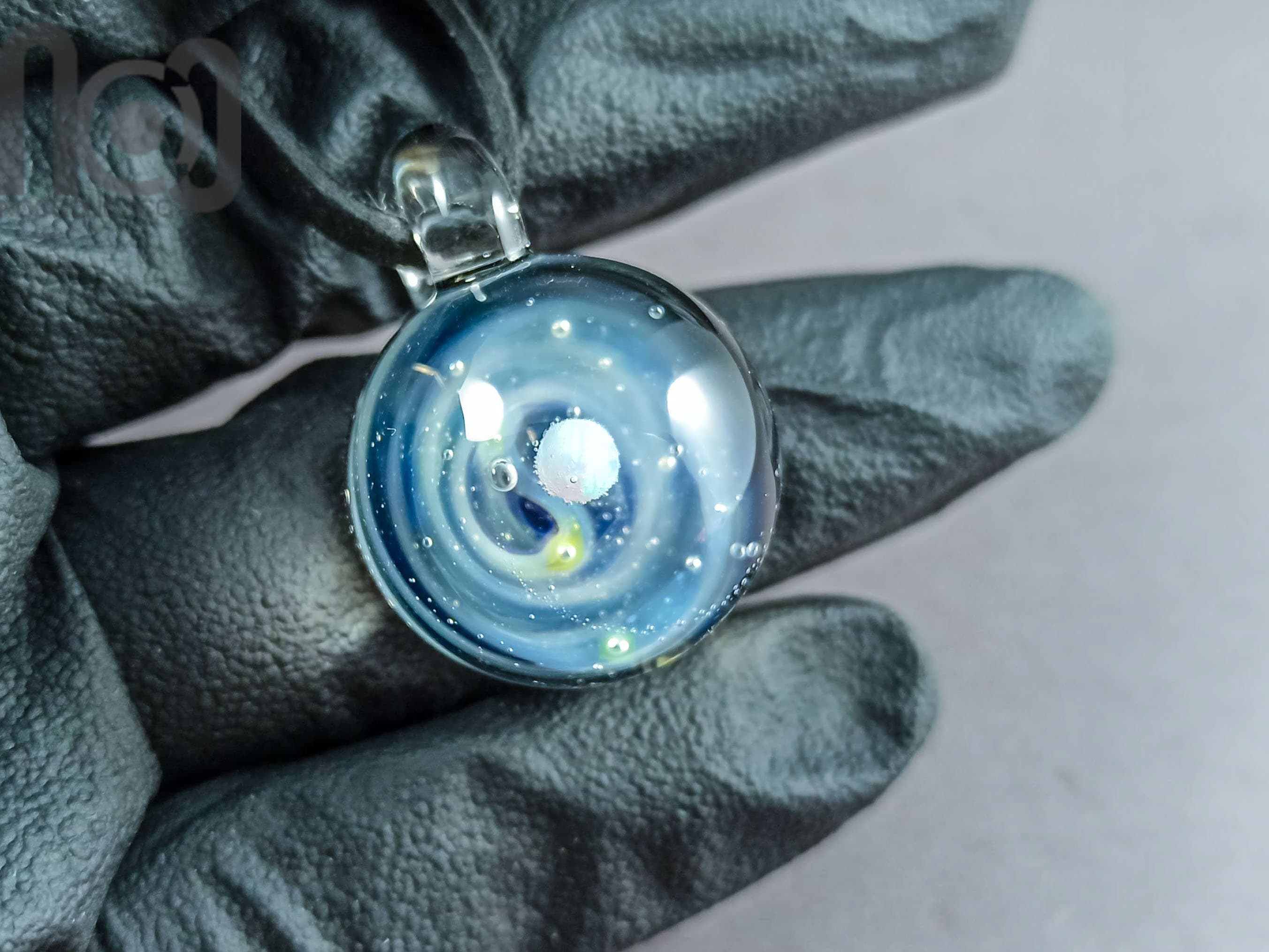 Galaxy Pendant with An Opal Planet, v193 — handmade borosilicate glass by NoccoNocco, detail view 2 of 2, made in Greece