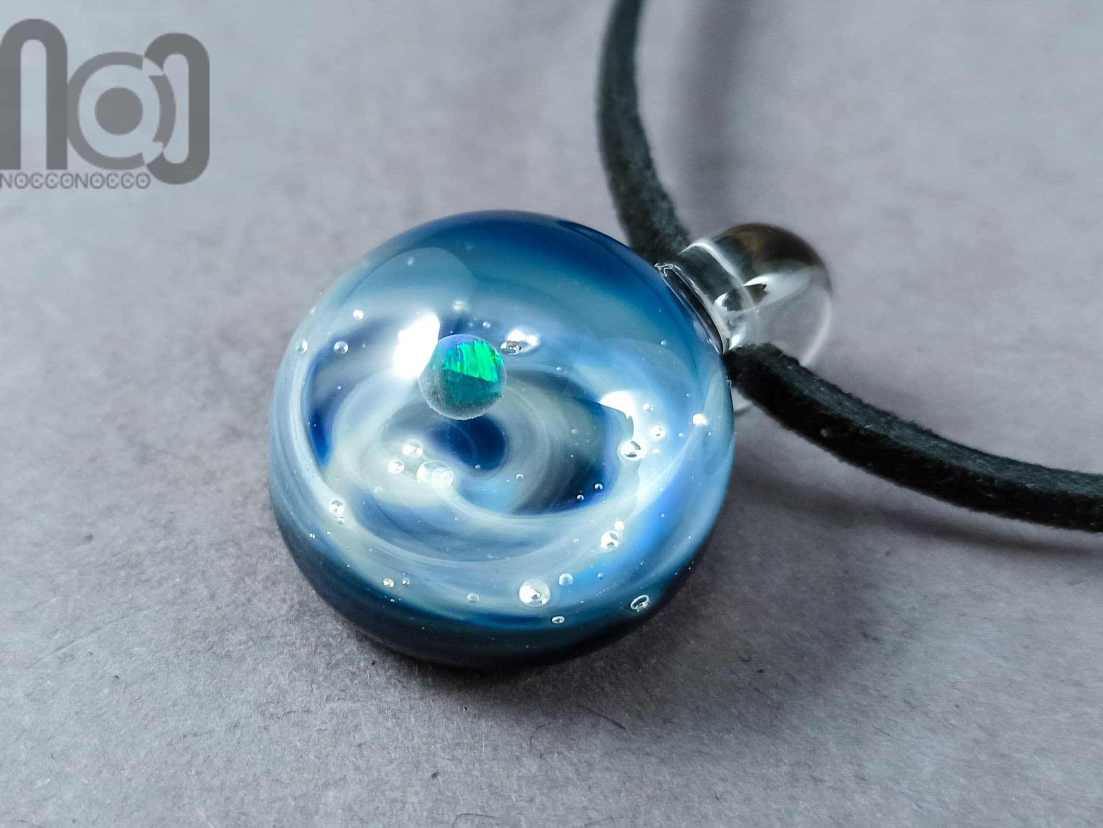 Galaxy Pendant with An Opal Planet, v195 — handmade borosilicate glass by NoccoNocco, main view, made in Greece