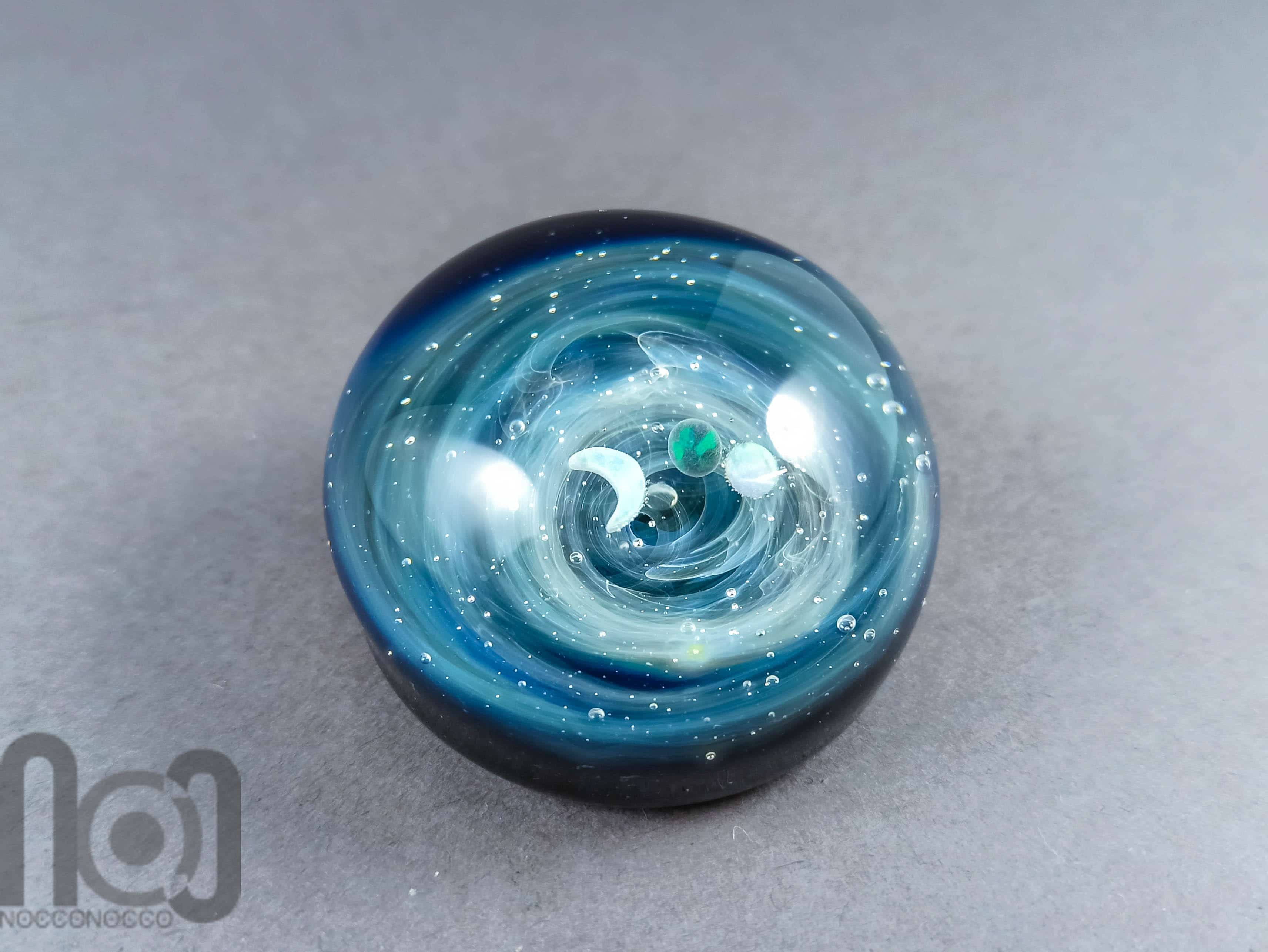 Silver Fumed Glass Galaxy Paperweight, With Three Floating Opal Planets, v151 — handmade borosilicate glass by NoccoNocco, made in Greece