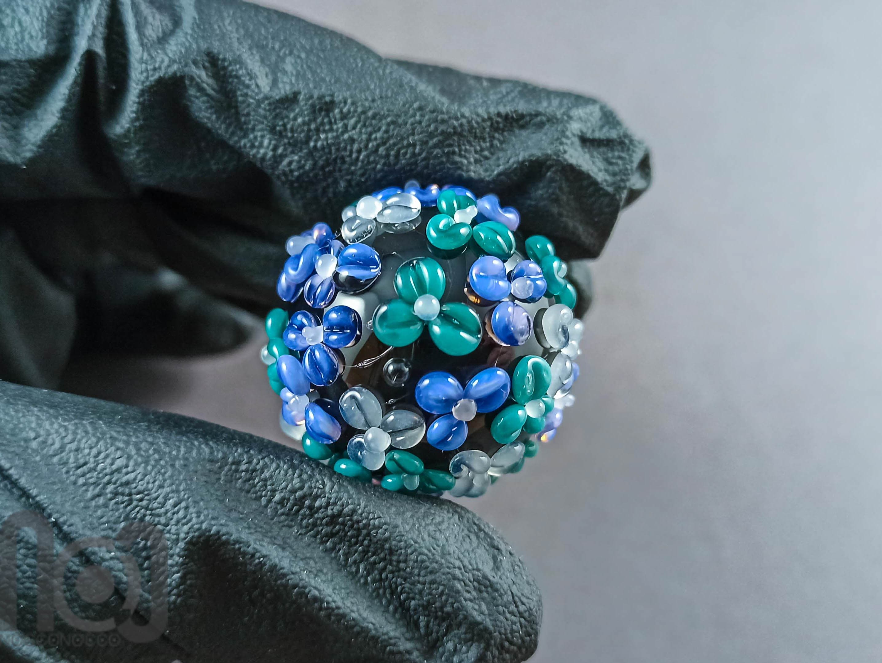 Handmade Floral Glass Marble, v144 — handmade borosilicate glass by NoccoNocco, detail view 2 of 2, made in Greece
