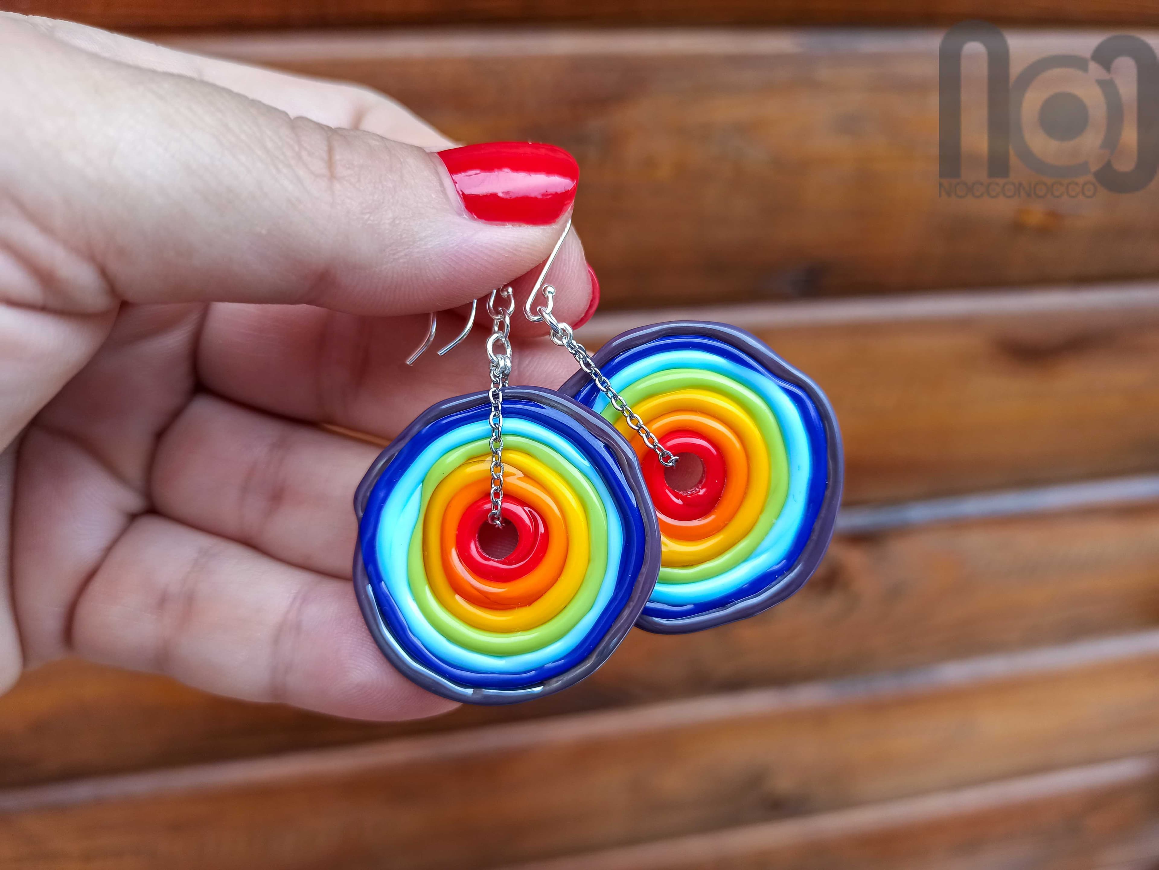 Handmade glass rainbow earrings, v108 — handmade borosilicate glass by NoccoNocco, main view, made in Greece