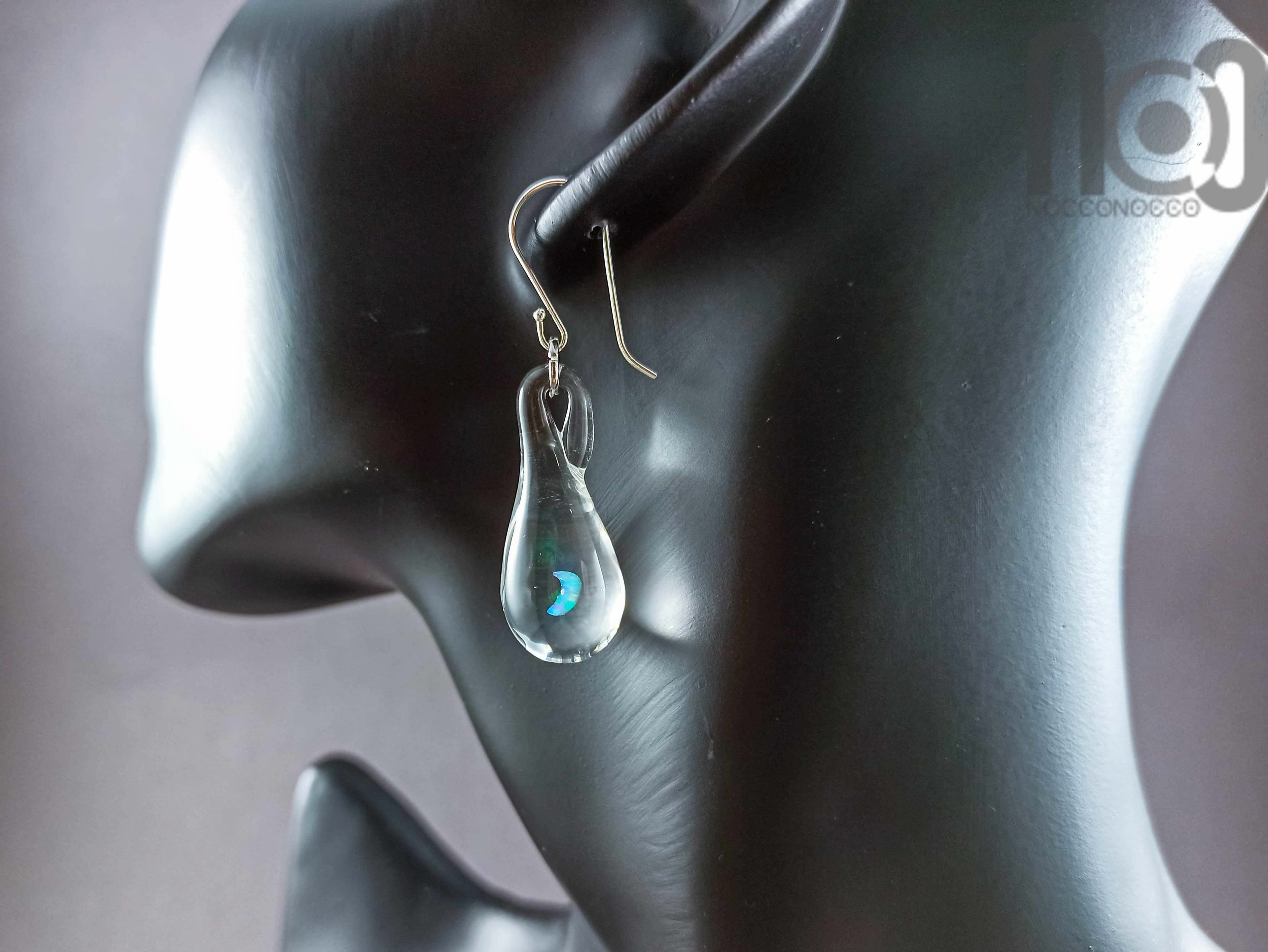 Clear Drop Earrings With Opals, v63 — handmade borosilicate glass by NoccoNocco, detail view 2 of 3, made in Greece