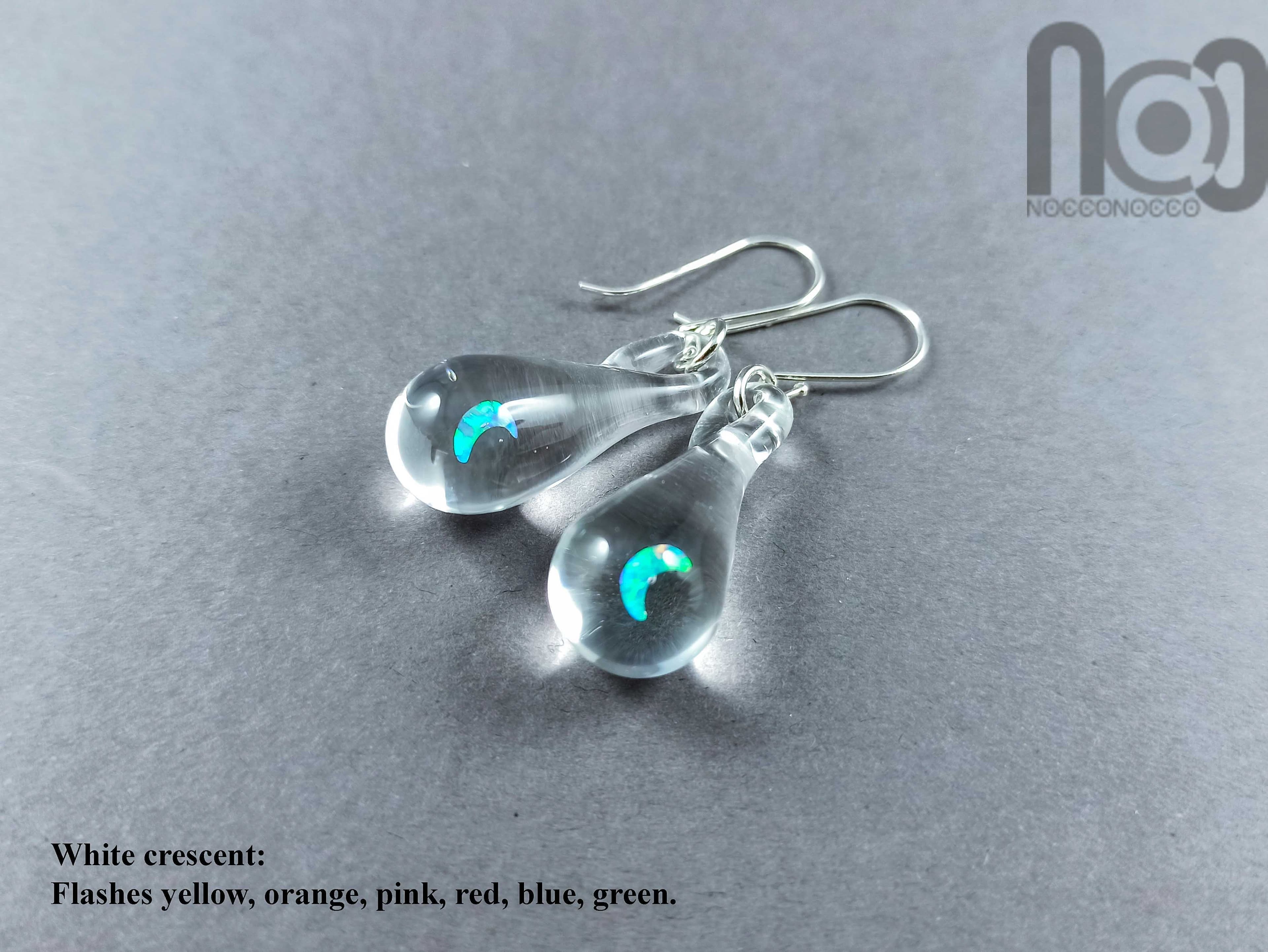 Clear Drop Earrings With Opals, v63 — handmade borosilicate glass by NoccoNocco, main view, made in Greece