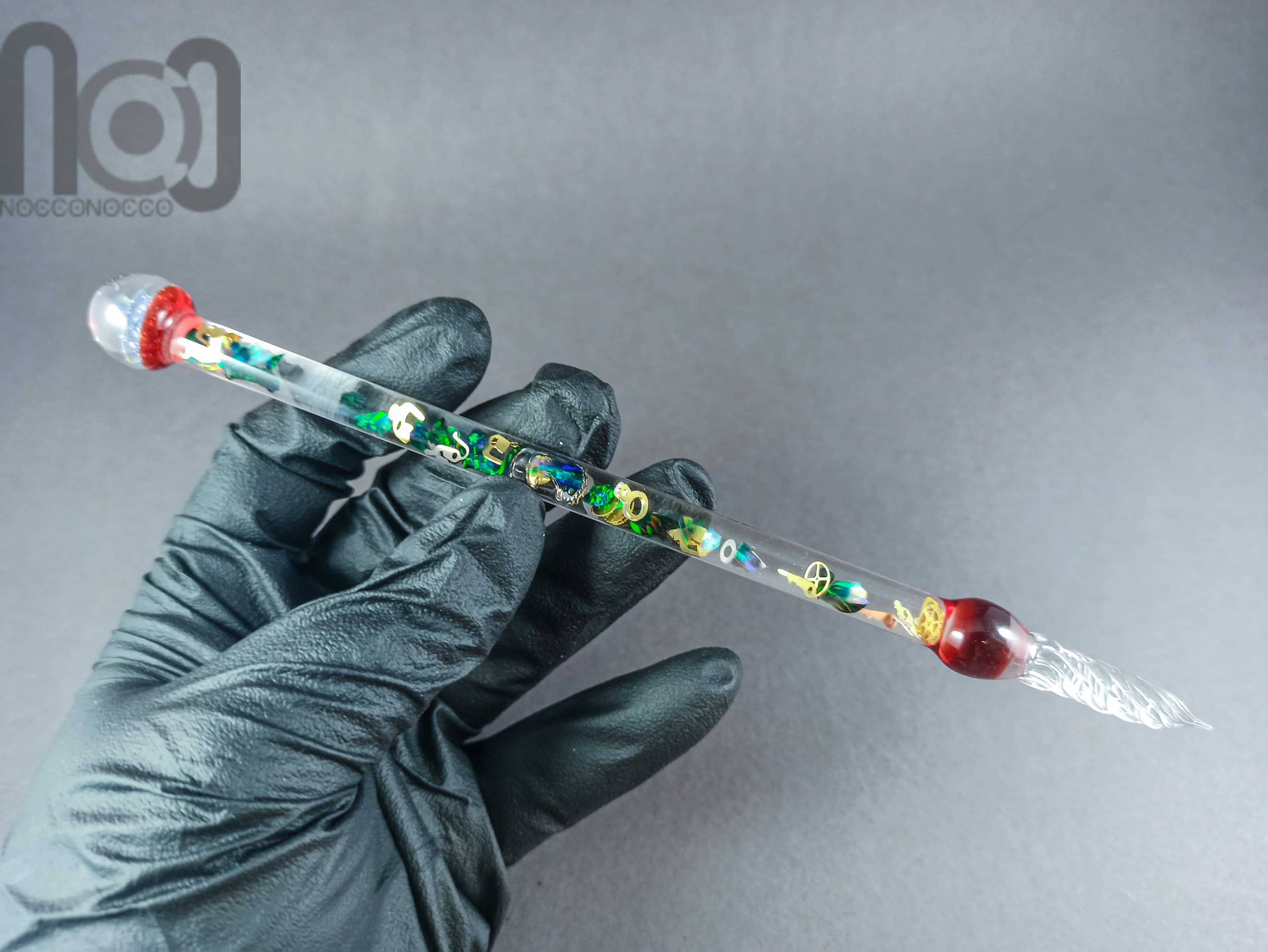 Glass Dip Pen filled with floating cog and gears, crushed tumbled opal, and a galaxy marble on top, v047 — handmade borosilicate glass by NoccoNocco, detail view 3 of 4, made in Greece