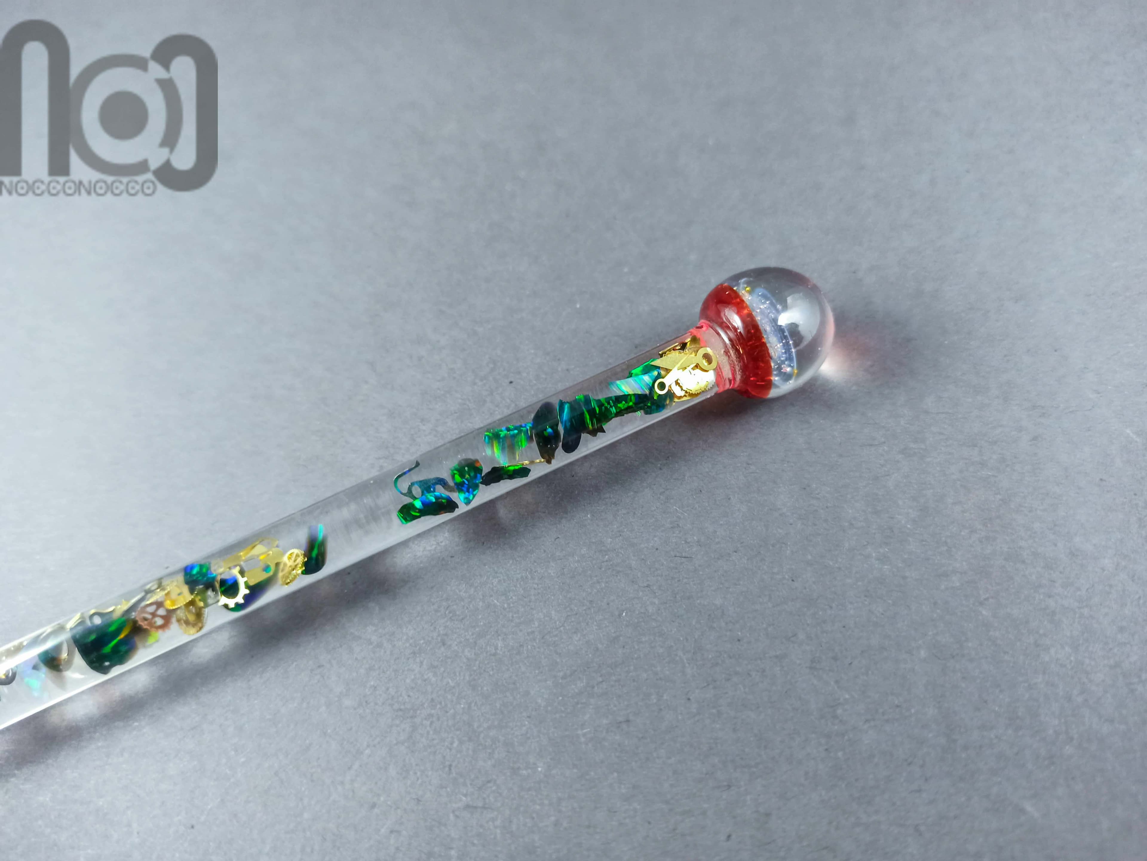 Glass Dip Pen filled with floating cog and gears, crushed tumbled opal, and a galaxy marble on top, v047 — handmade borosilicate glass by NoccoNocco, detail view 4 of 4, made in Greece