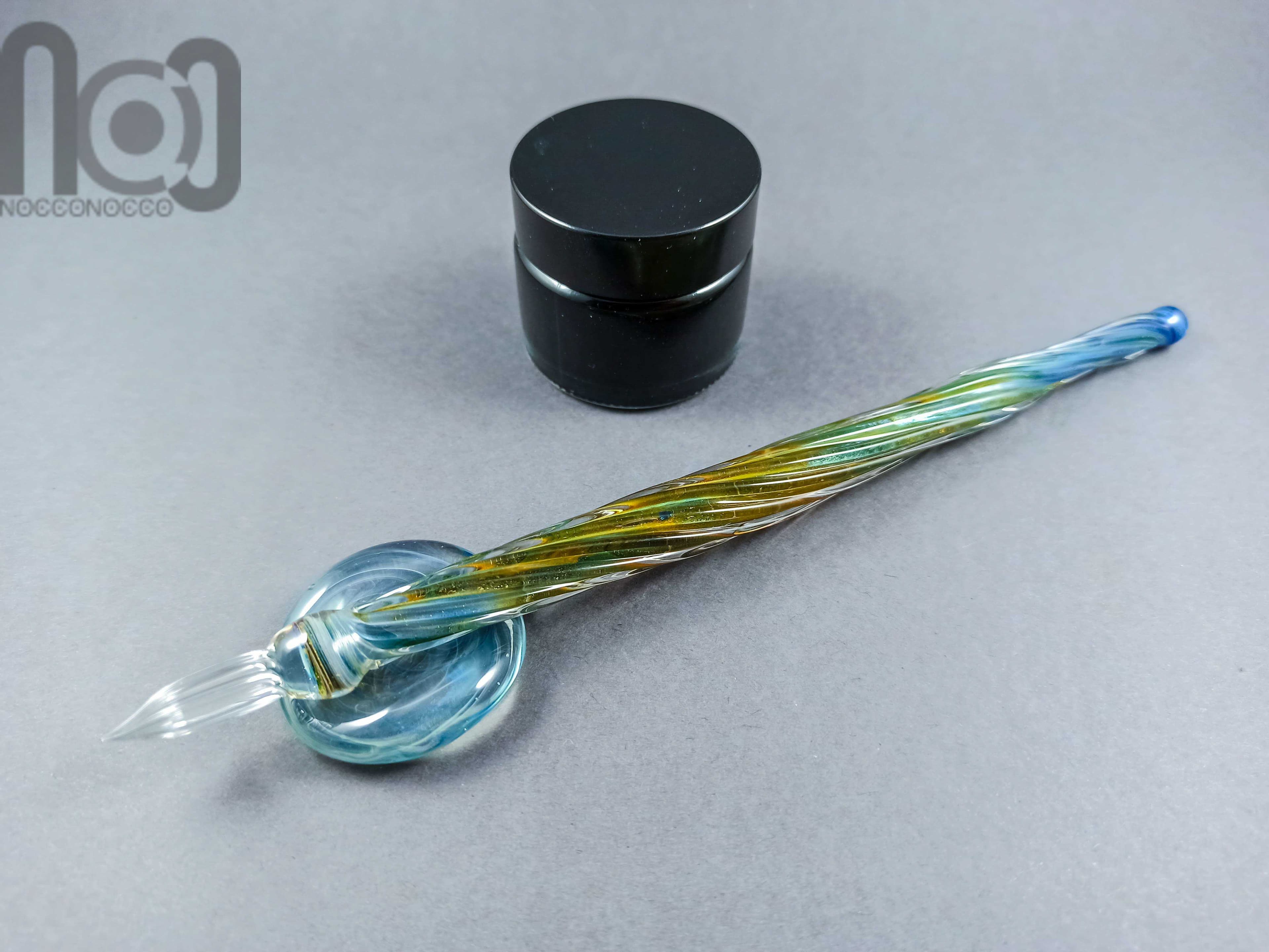 Glass Dip Pen, Pen Pillow and A Bottle of Ink, v034 — handmade borosilicate glass by NoccoNocco, main view, made in Greece