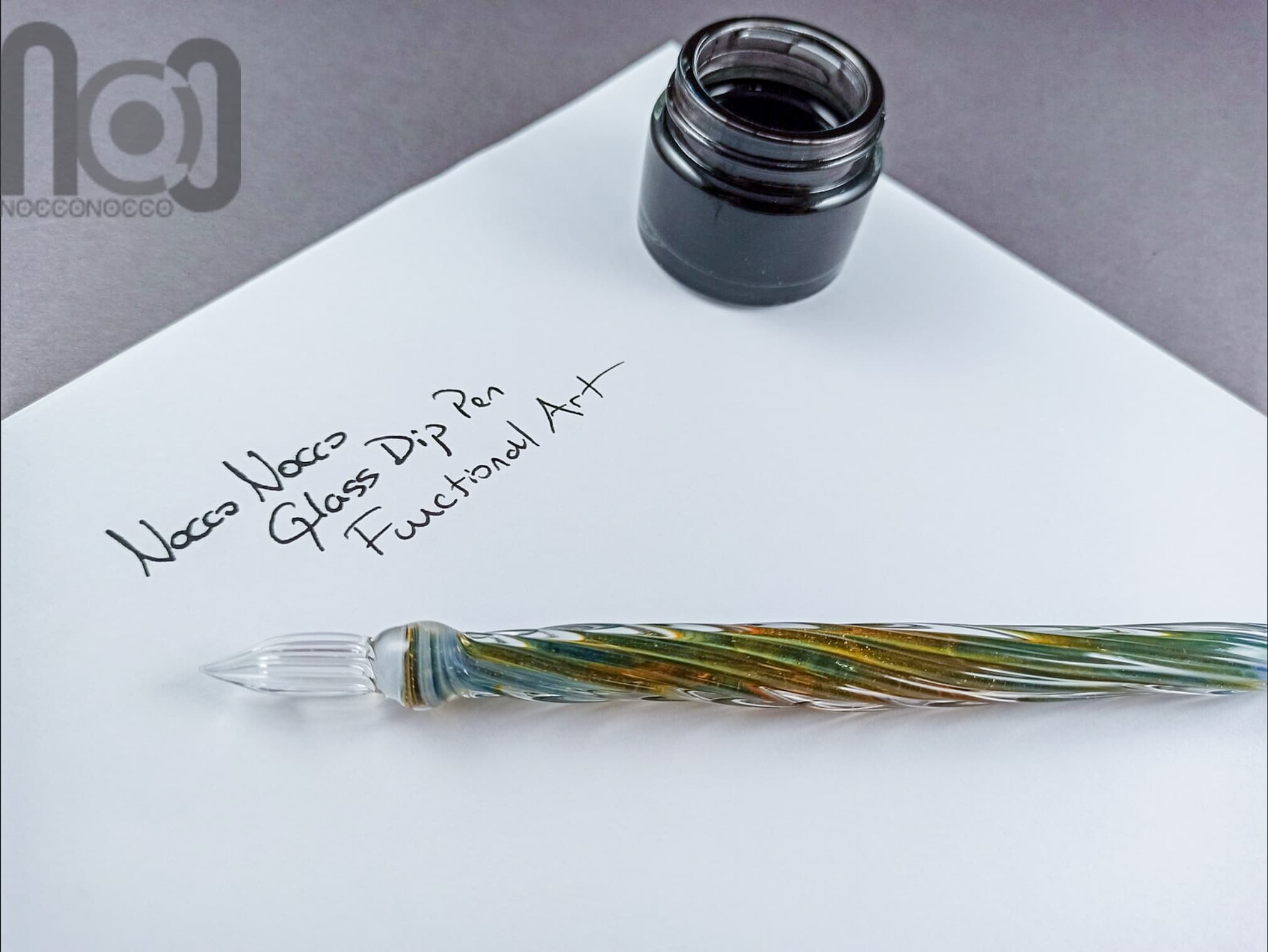 Glass Dip Pen, Pen Pillow and A Bottle of Ink, v034 — handmade borosilicate glass by NoccoNocco, detail view 3 of 5, made in Greece