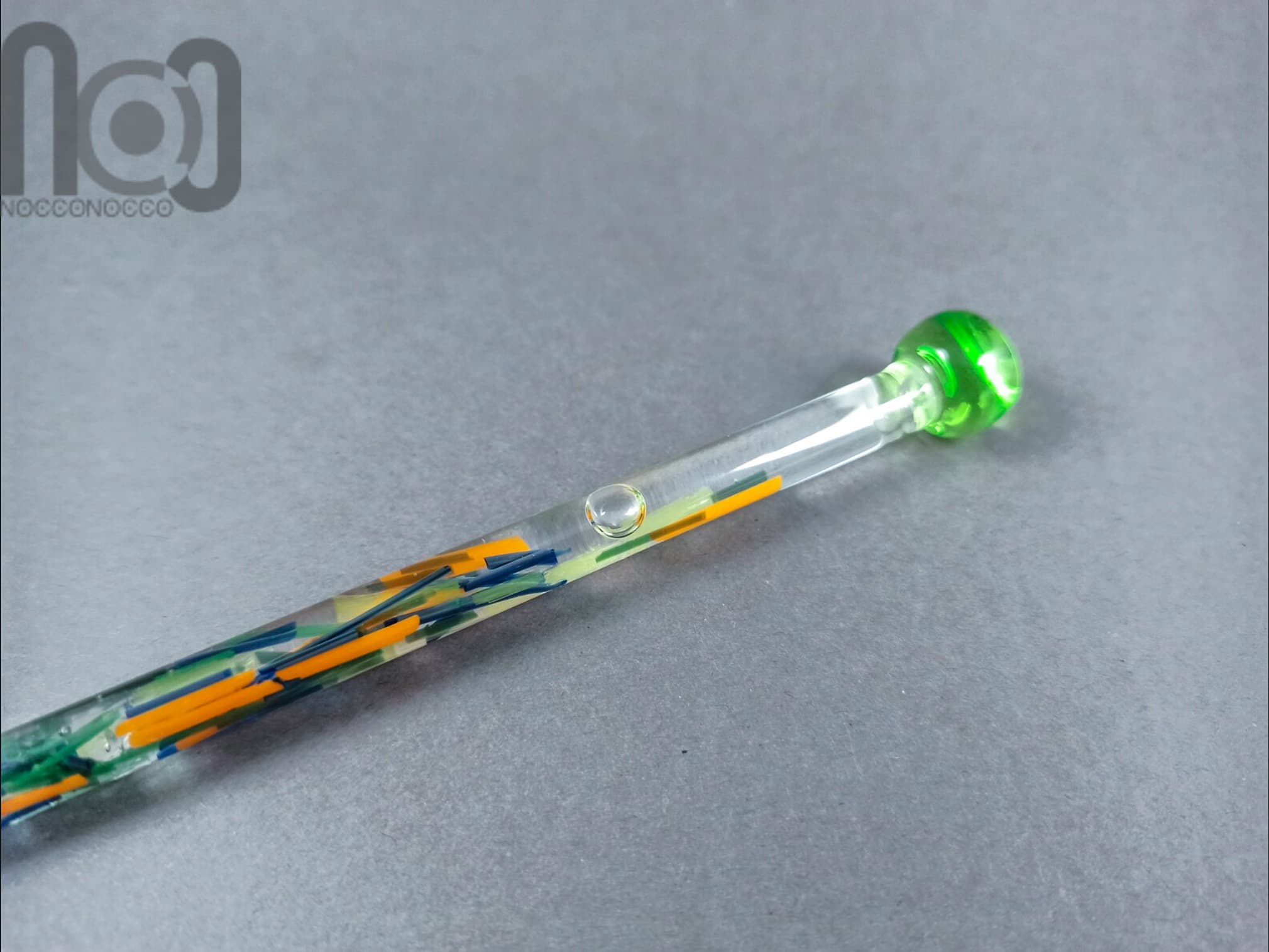 Glass Dip Pen filled with floating colorful glass pieces, v052 — handmade borosilicate glass by NoccoNocco, detail view 2 of 4, made in Greece