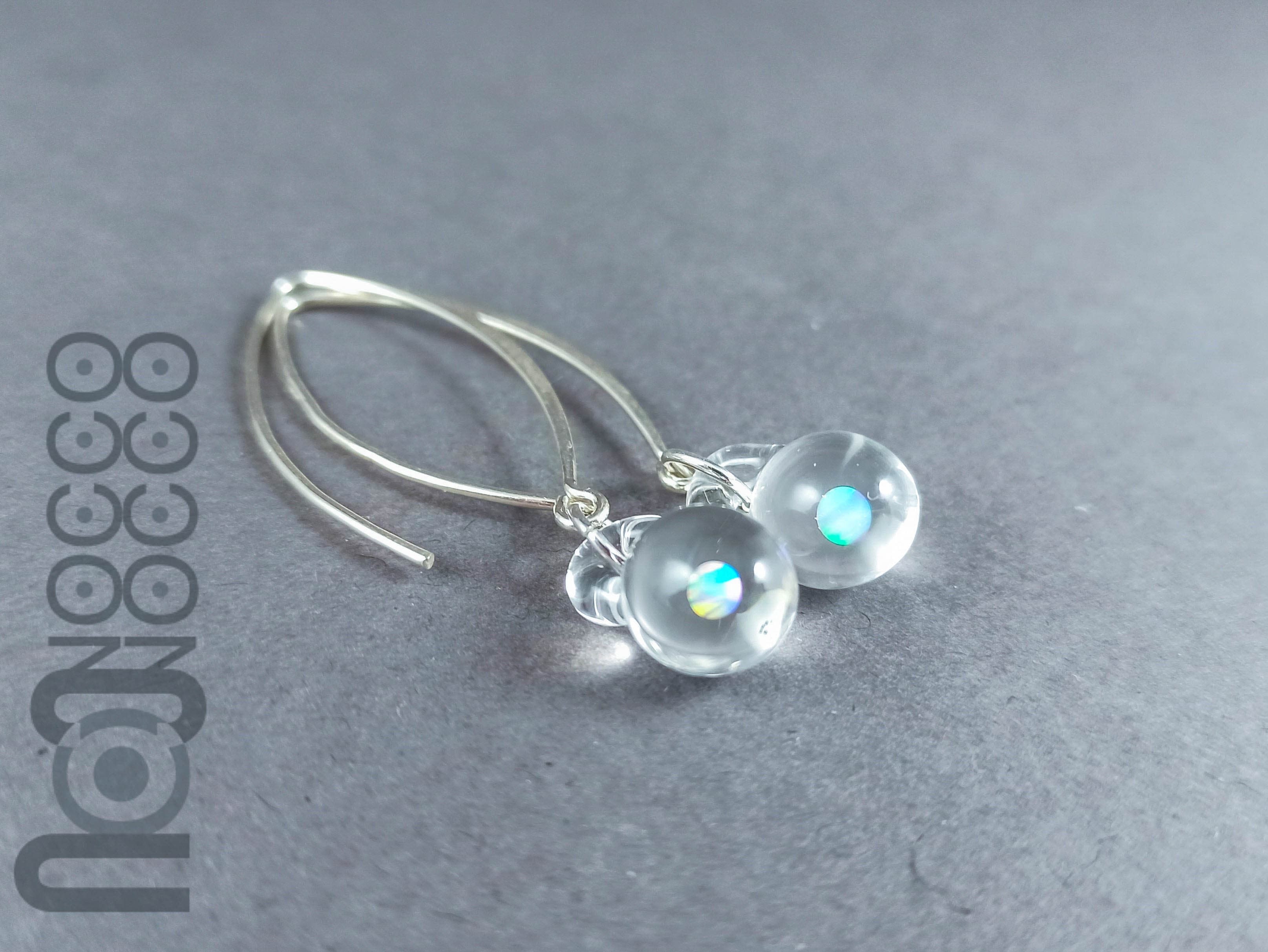 Clear Glass Earrings With Opals, v128 — handmade borosilicate glass by NoccoNocco, main view, made in Greece