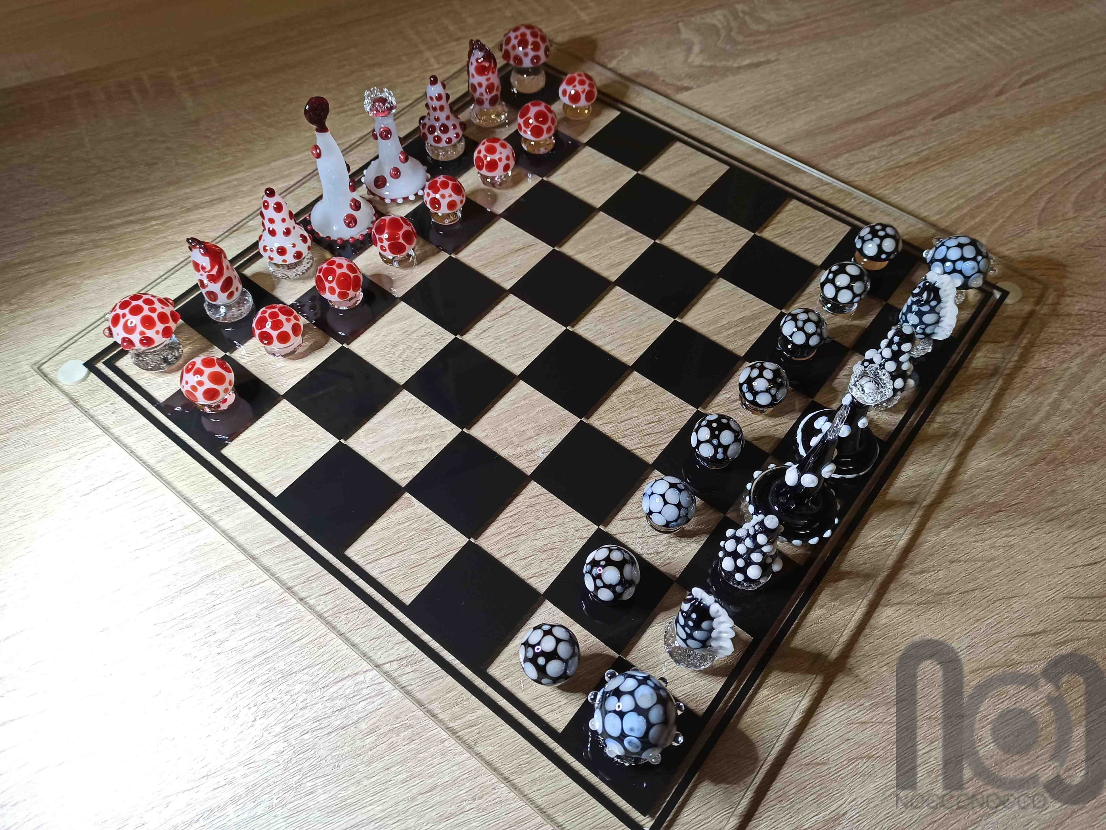 Mushroom Themed Handmade Glass Chess Set -v2 — handmade borosilicate glass by NoccoNocco, detail view 2 of 6, made in Greece