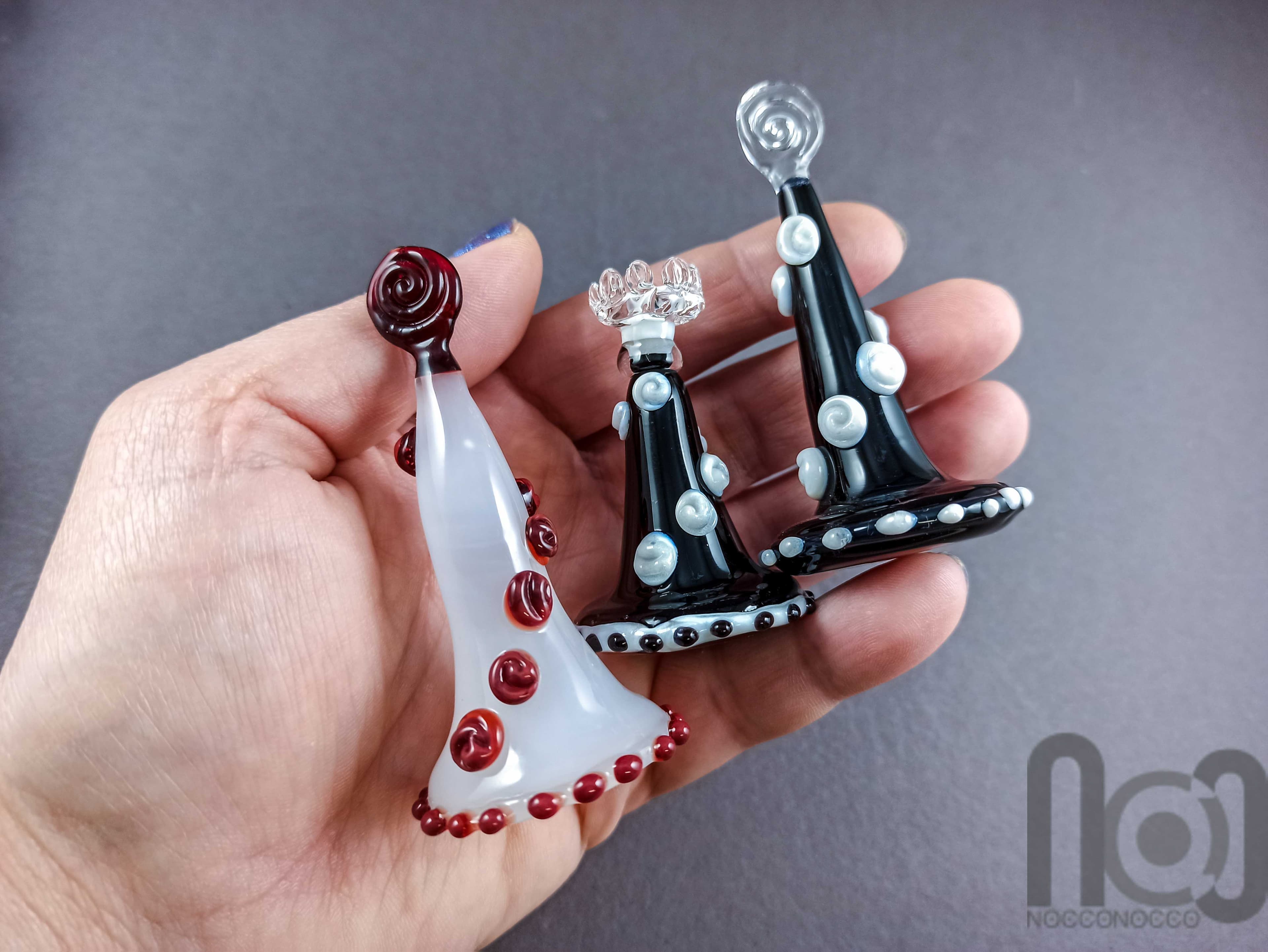 Mushroom Themed Handmade Glass Chess Set -v2 — handmade borosilicate glass by NoccoNocco, detail view 5 of 6, made in Greece