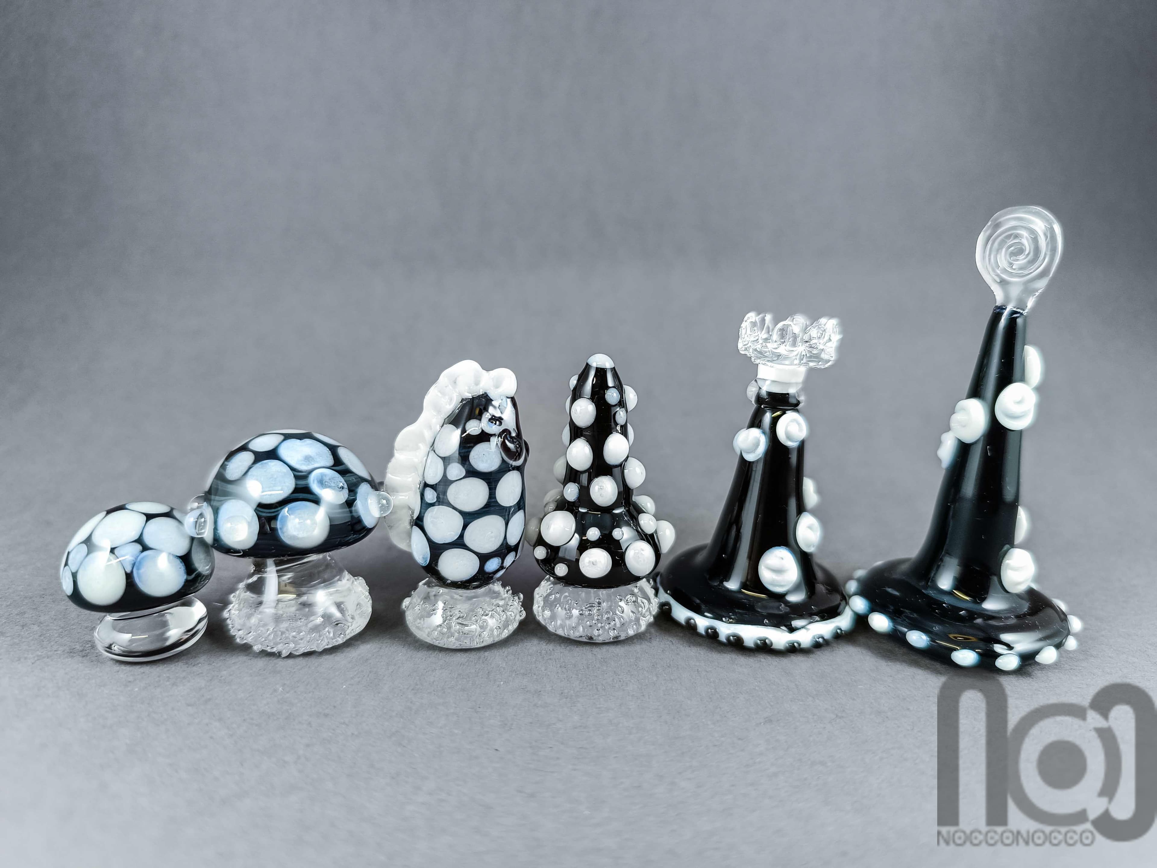 Mushroom Themed Handmade Glass Chess Set -v2 — handmade borosilicate glass by NoccoNocco, detail view 6 of 6, made in Greece