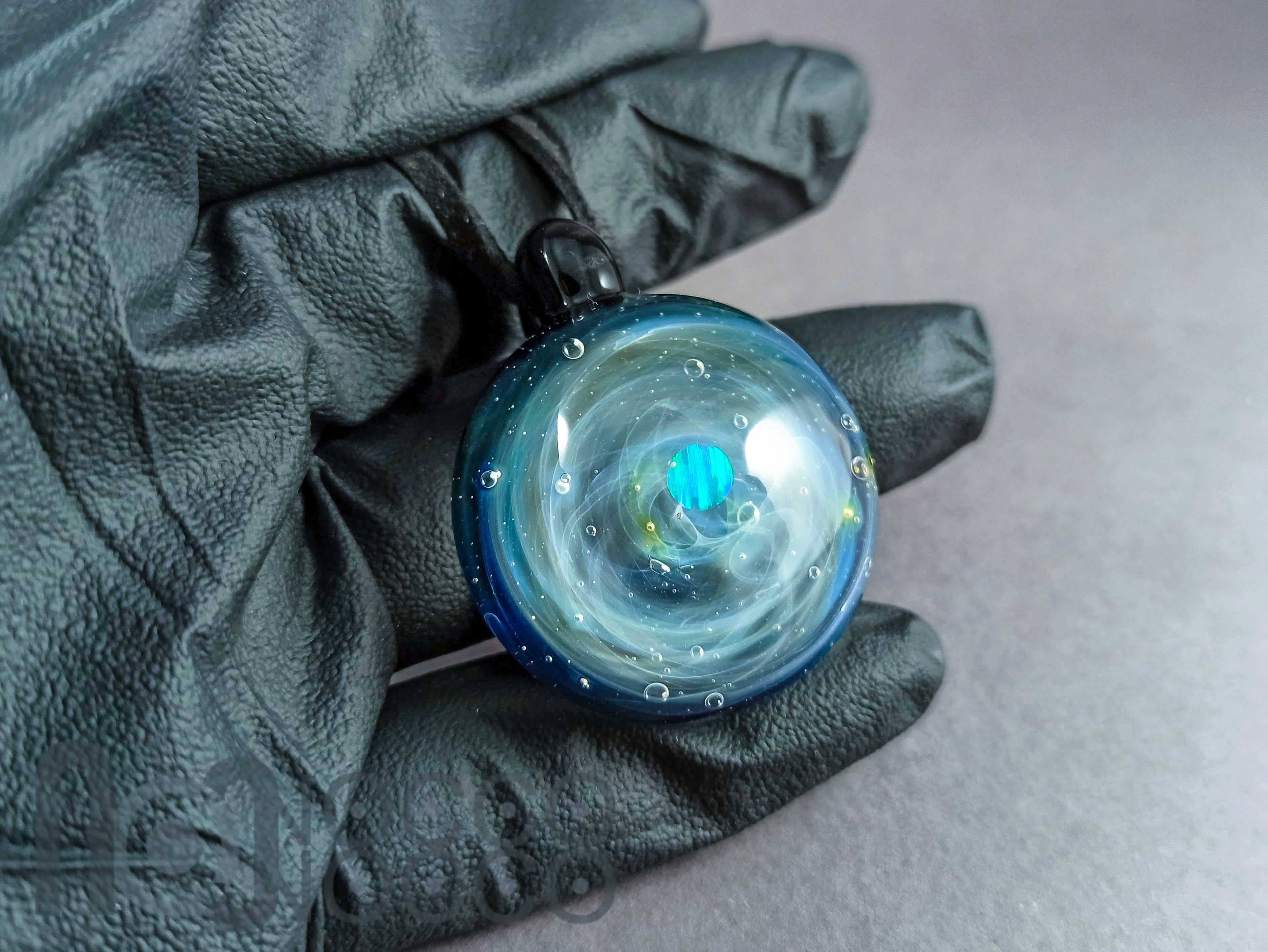 Large Galaxy Pendant with An Opal Planet, v273 — handmade borosilicate glass by NoccoNocco, detail view 2 of 3, made in Greece