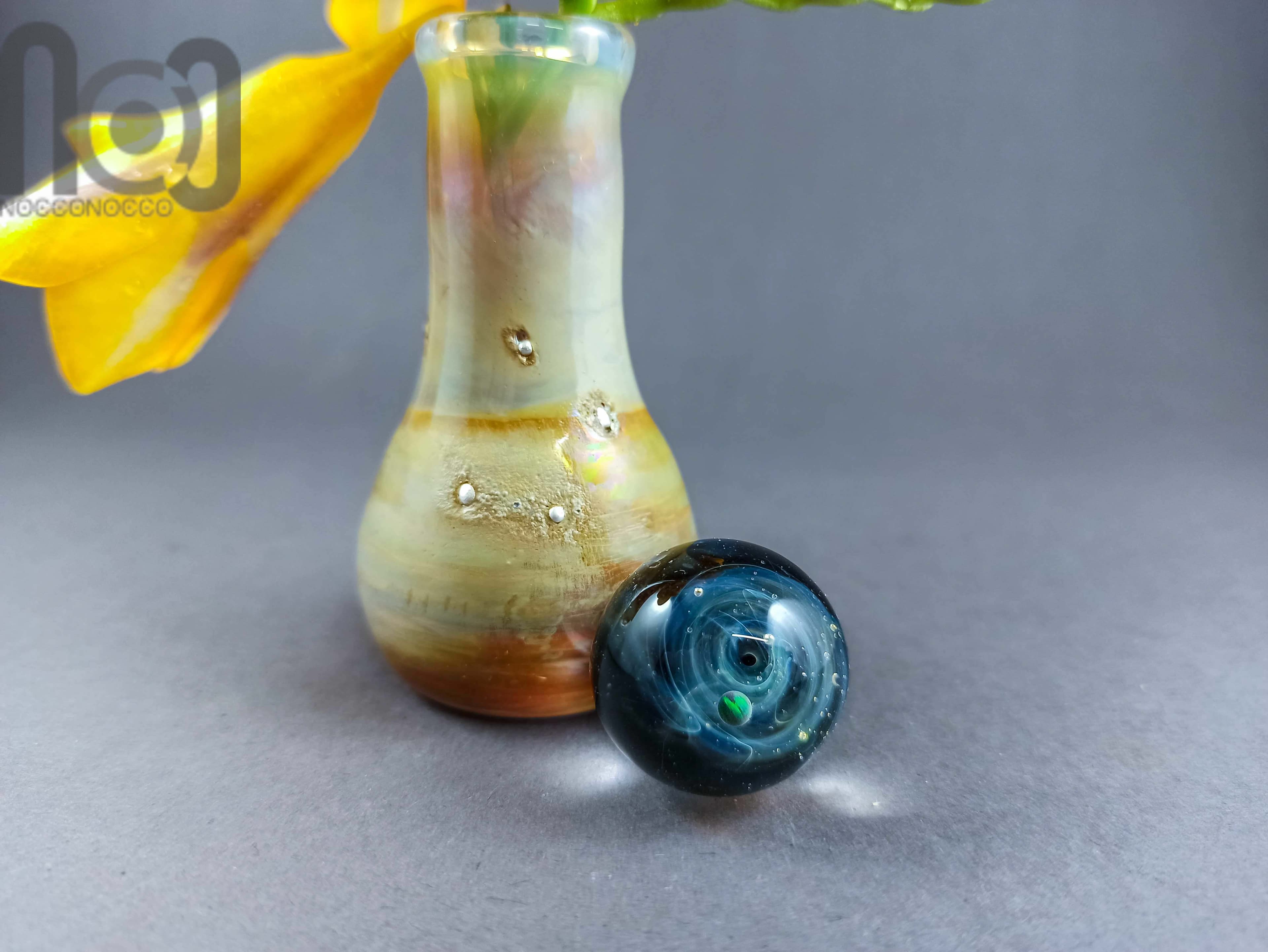Galaxy Marble Vase with Opal, v012 — handmade borosilicate glass by NoccoNocco, detail view 2 of 4, made in Greece