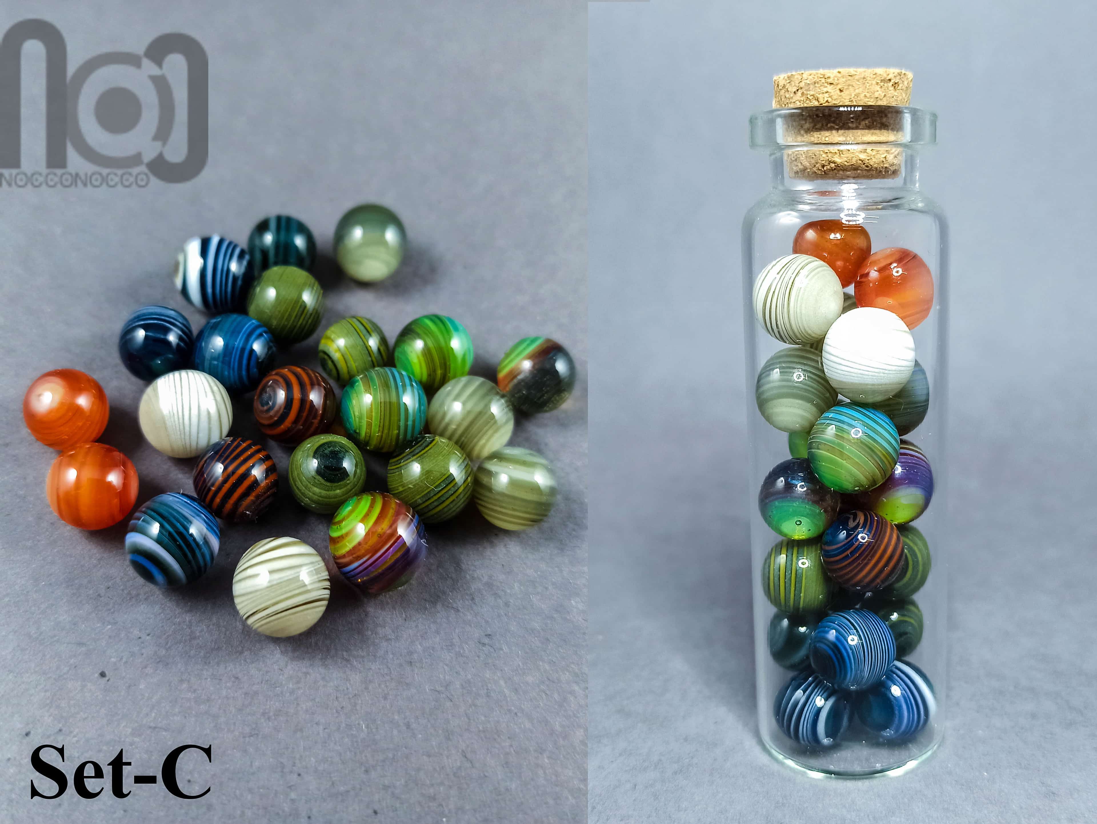 Mini Jar filled with tiny marbles, set-C — handmade borosilicate glass by NoccoNocco, made in Greece