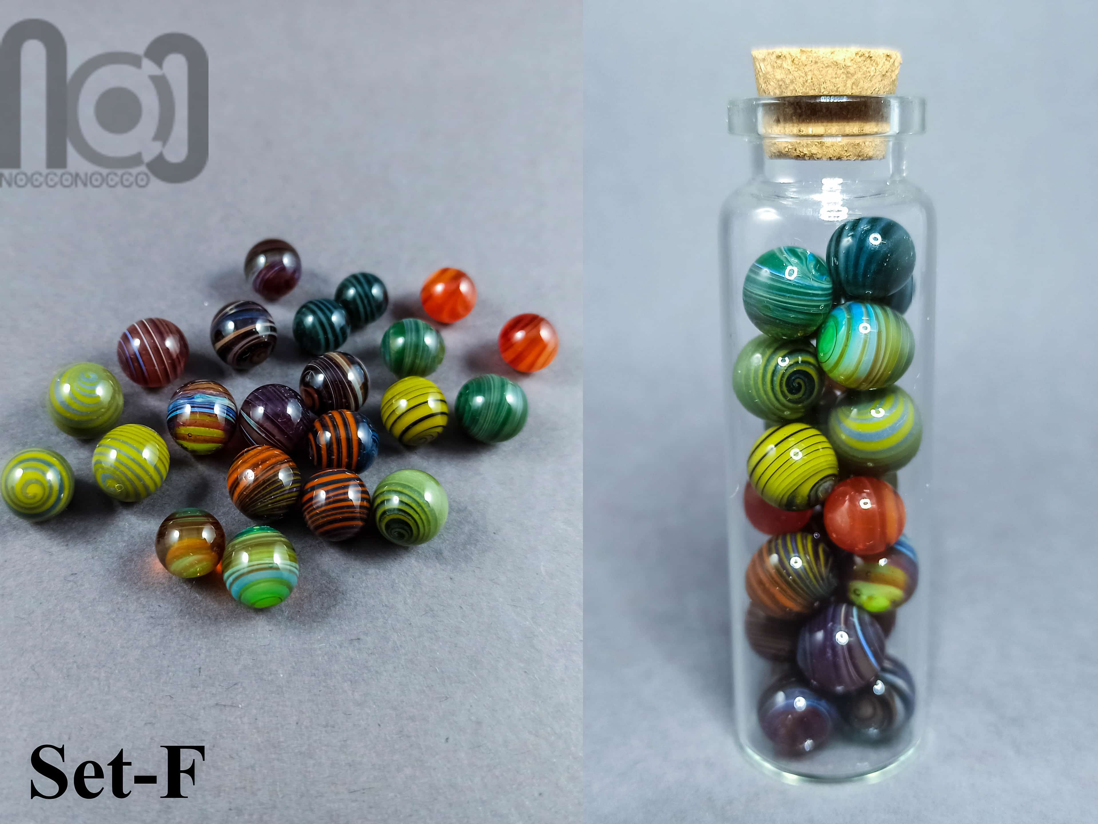 Mini Jar filled with tiny marbles, set-F — handmade borosilicate glass by NoccoNocco, made in Greece