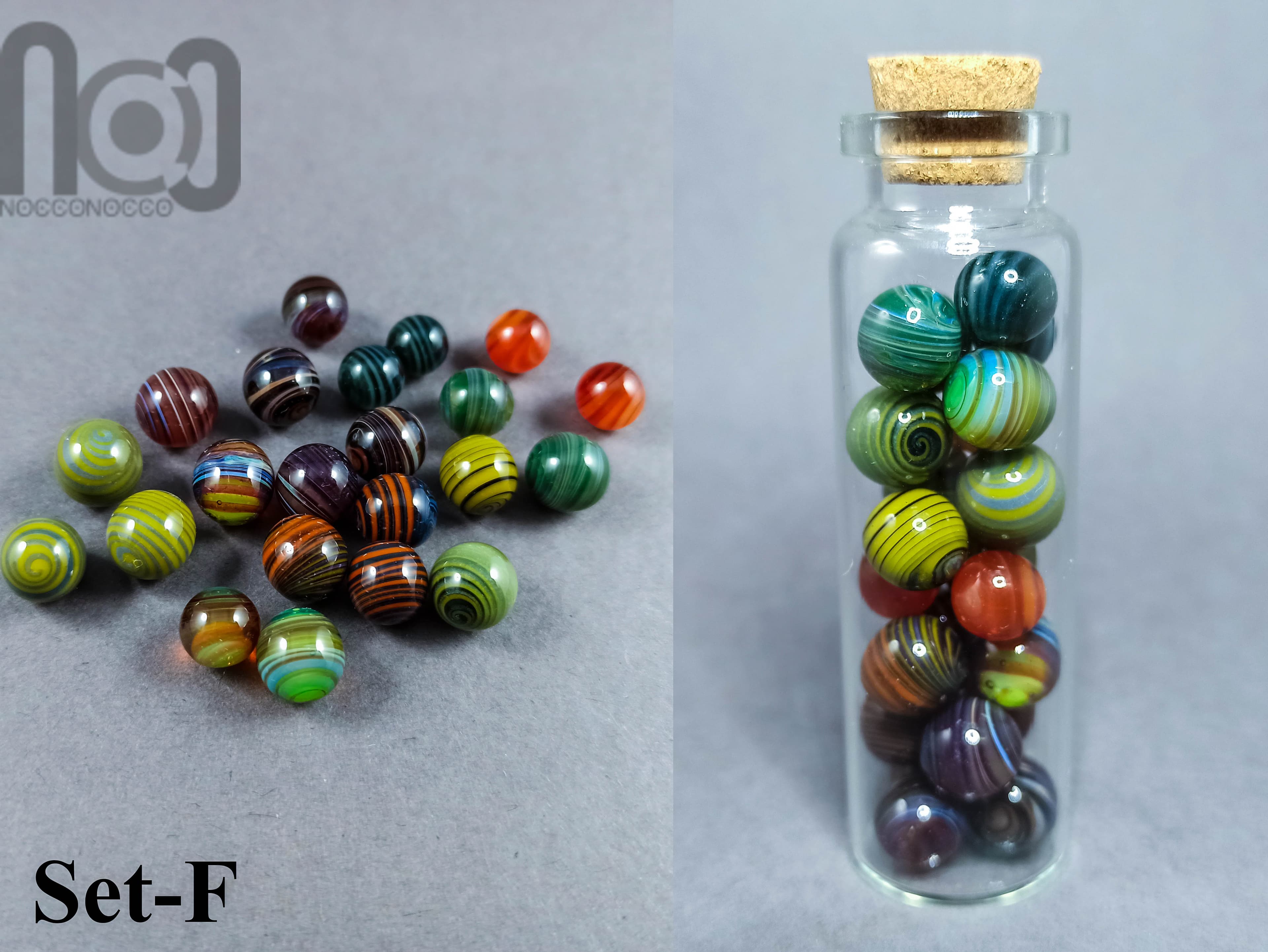 Mini Jar filled with tiny marbles, set-F — handmade borosilicate glass by NoccoNocco, main view, made in Greece