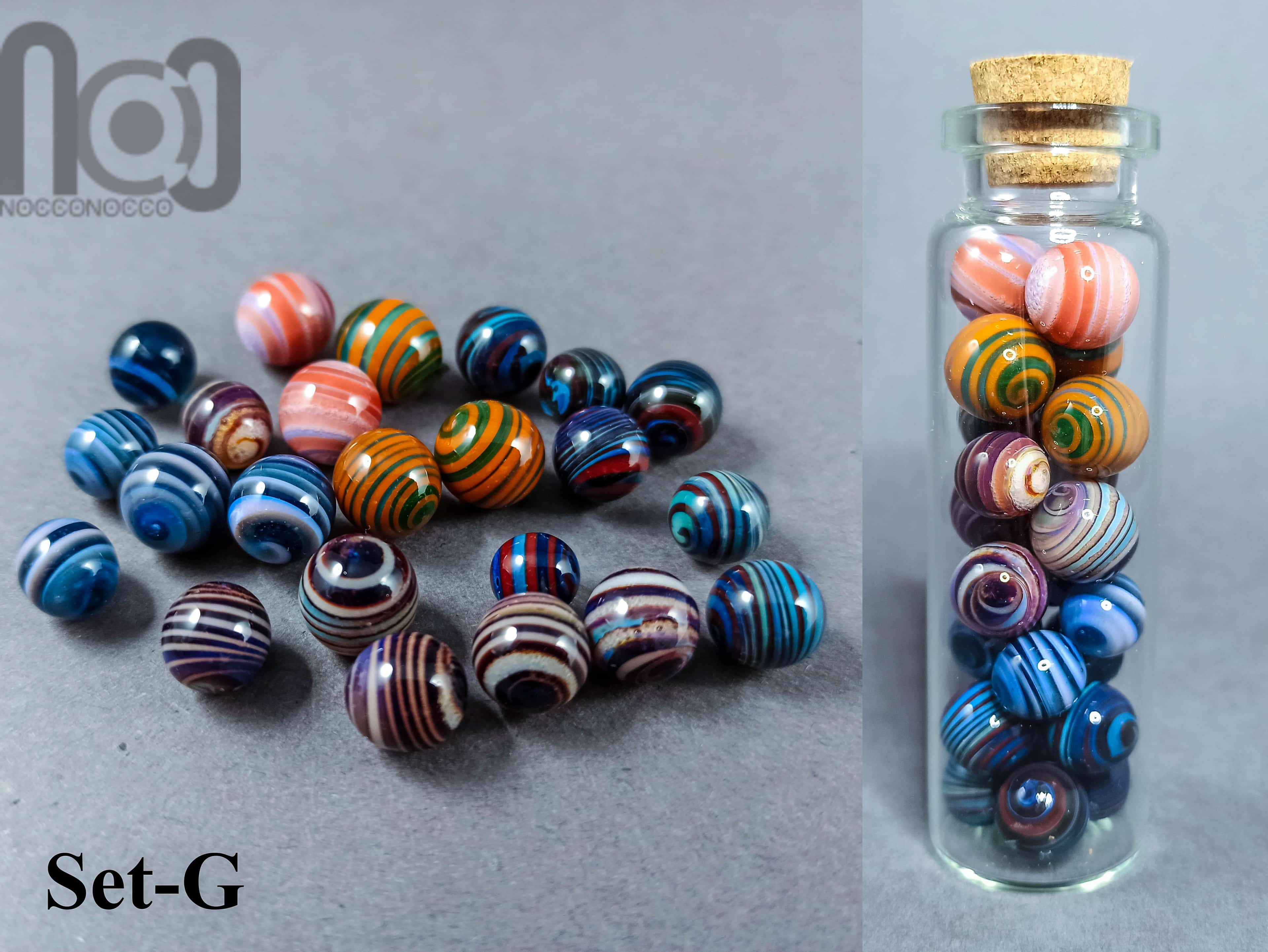 Mini Jar filled with tiny marbles, set-G — handmade borosilicate glass by NoccoNocco, made in Greece
