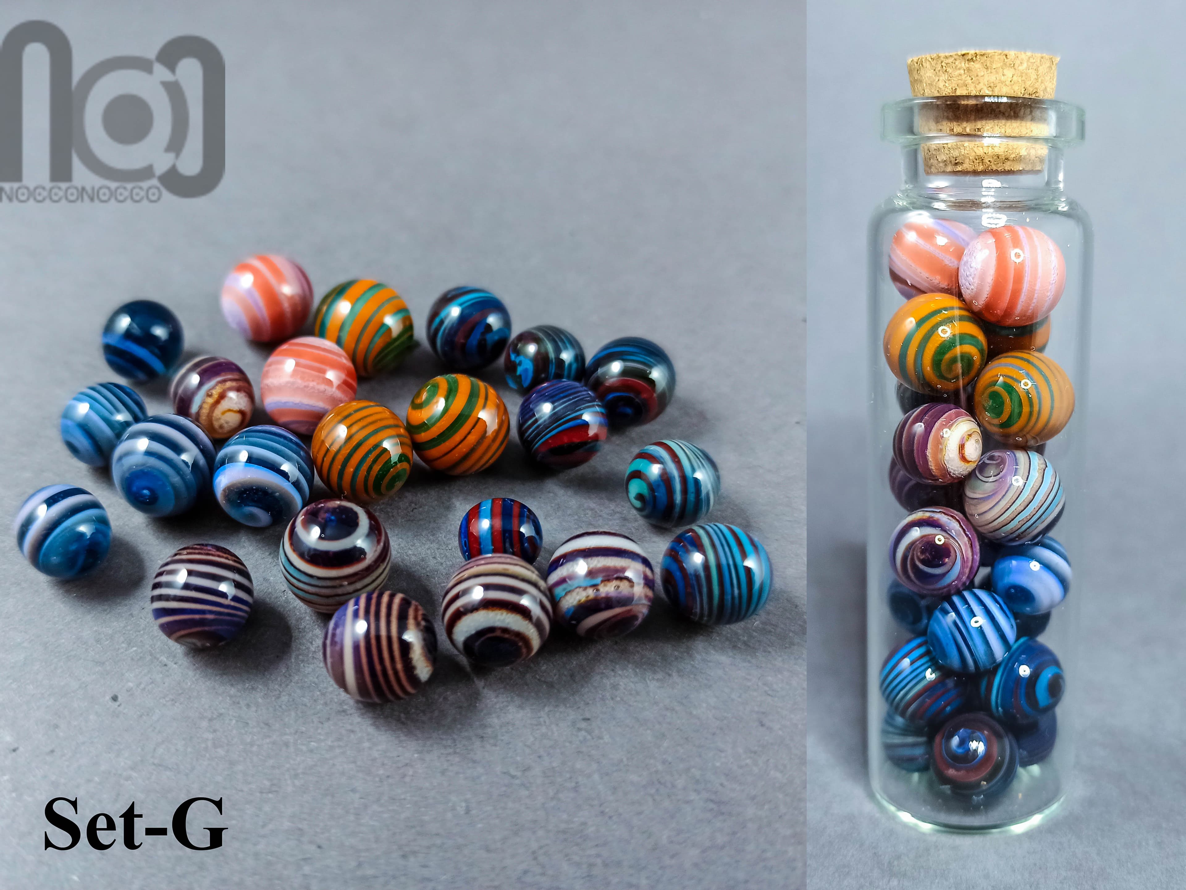 Mini Jar filled with tiny marbles, set-G — handmade borosilicate glass by NoccoNocco, main view, made in Greece