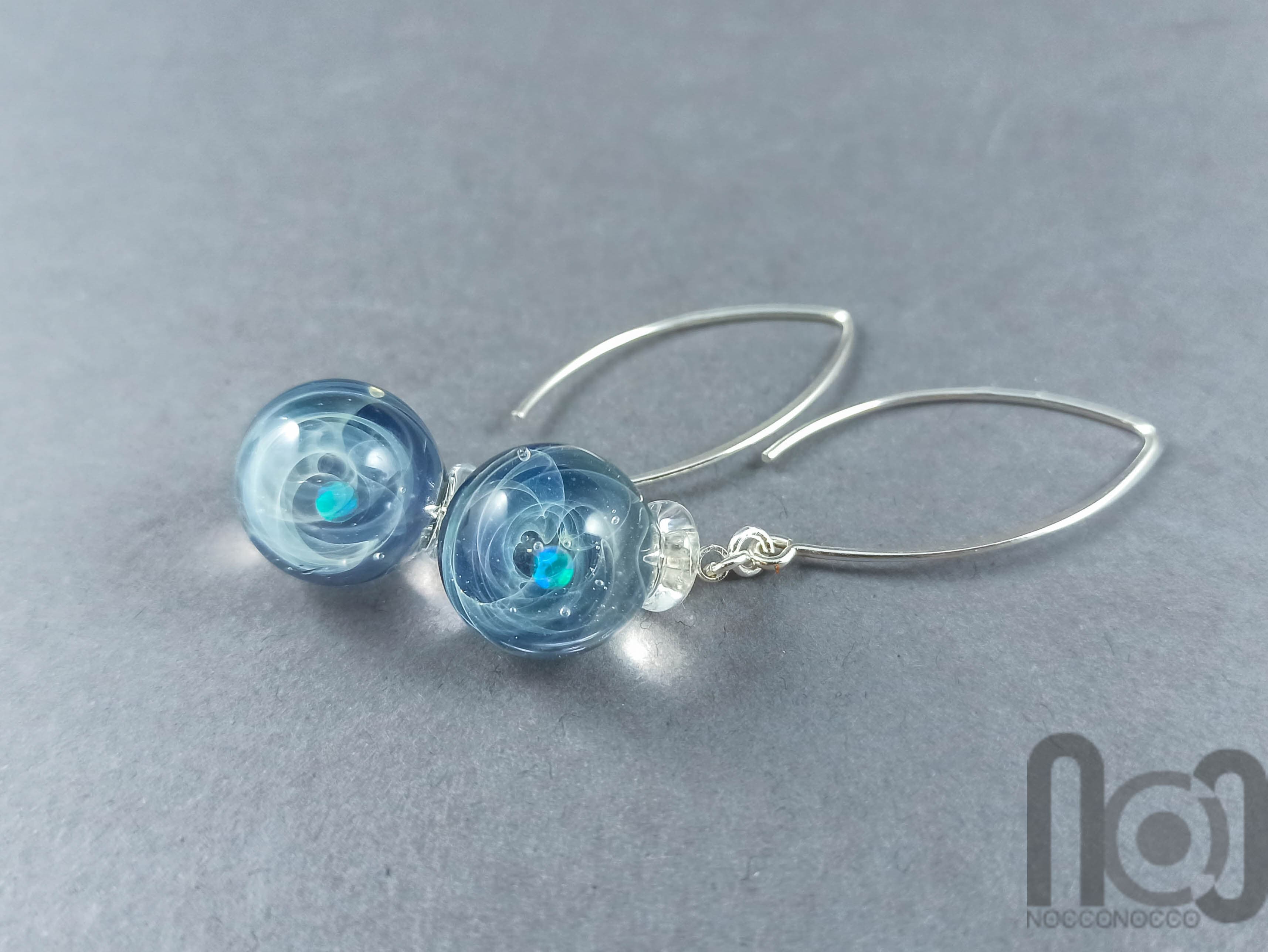 Galaxy earrings with opal planets and sterling silver hooks, v132 — handmade borosilicate glass by NoccoNocco, made in Greece
