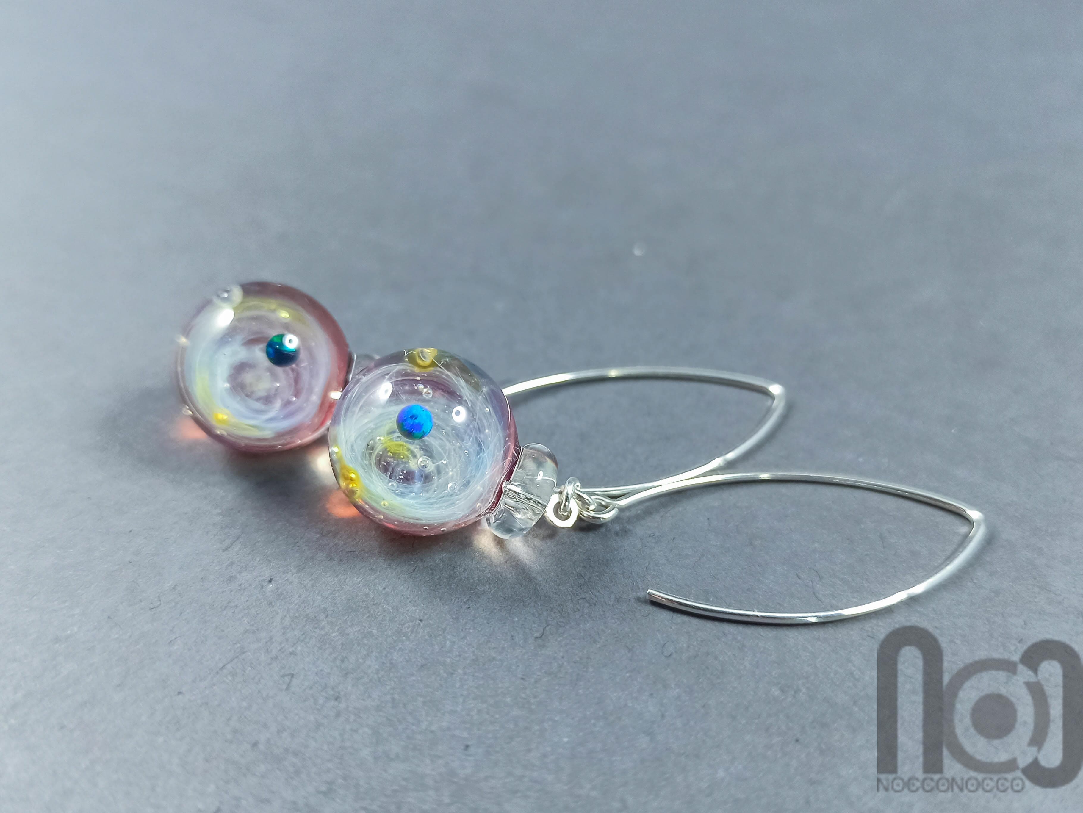 Galaxy earrings with opal planets and sterling silver hooks, v141 — handmade borosilicate glass by NoccoNocco, made in Greece