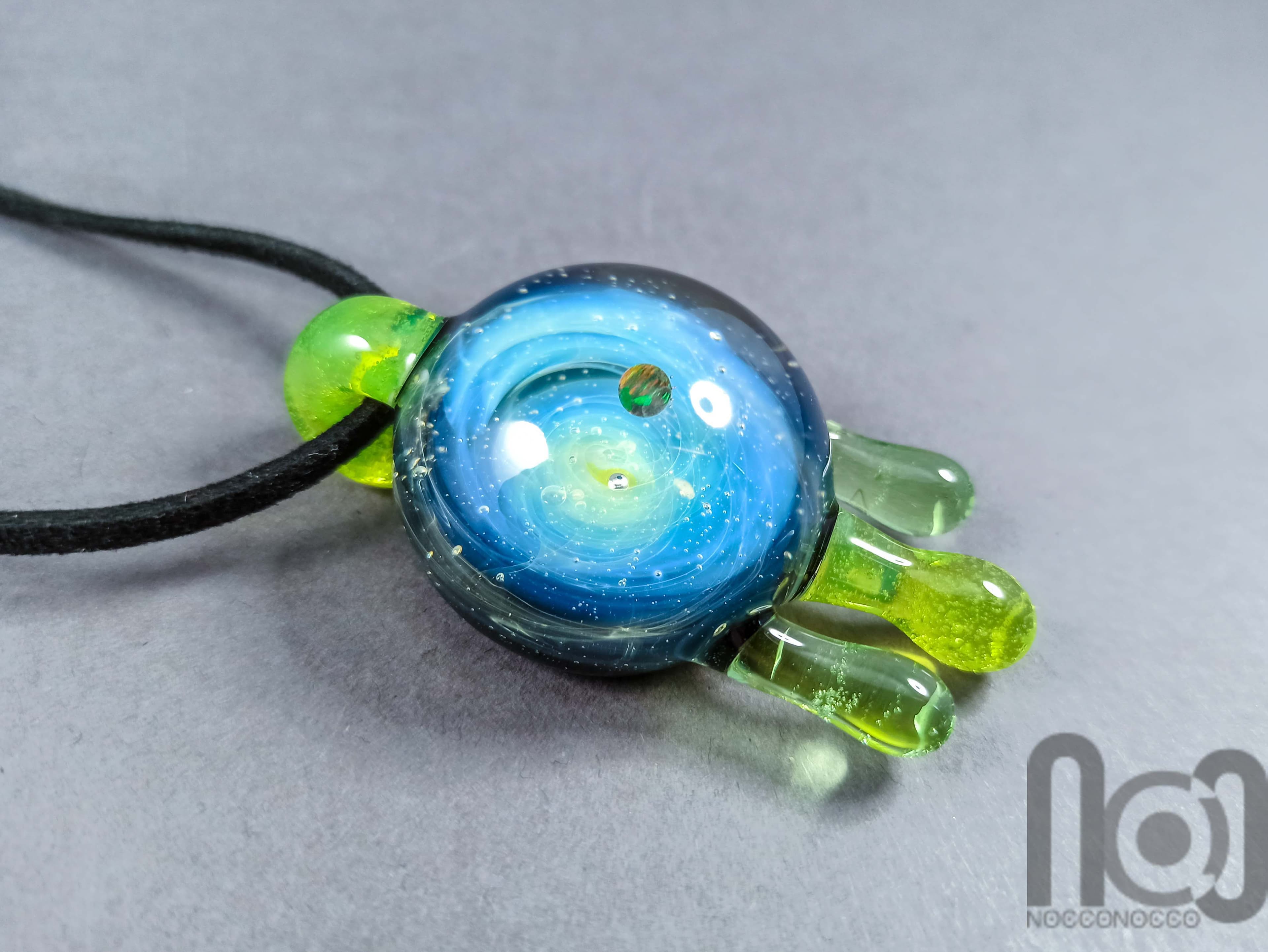 Dripping Galaxy Pendant with Opal Planet, v295 — handmade borosilicate glass by NoccoNocco, detail view 3 of 6, made in Greece