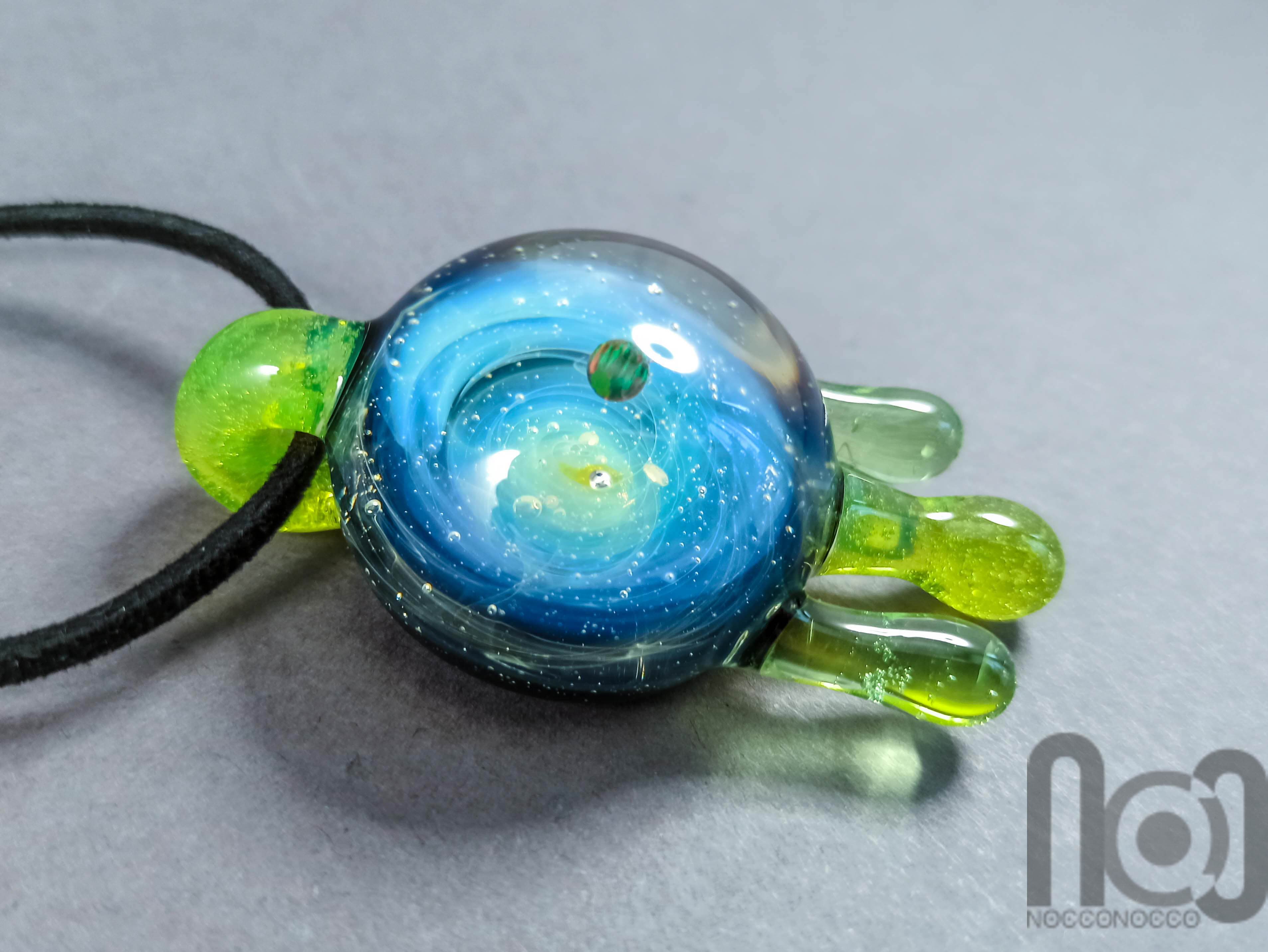 Dripping Galaxy Pendant with Opal Planet, v295 — handmade borosilicate glass by NoccoNocco, detail view 4 of 6, made in Greece
