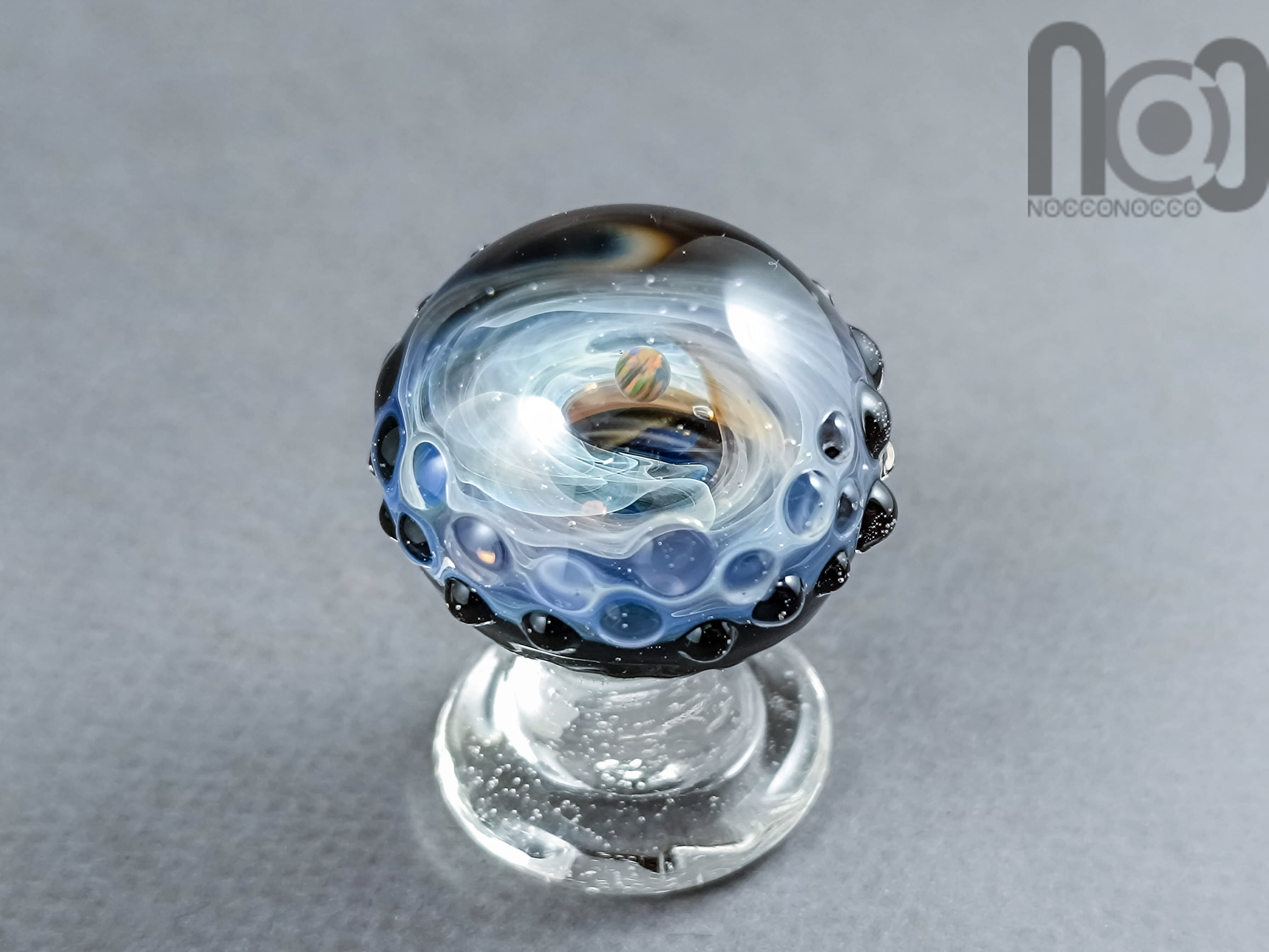 UV Reactive Galaxy Mushroom With An Opal Planet, v484 — handmade borosilicate glass by NoccoNocco, main view, made in Greece