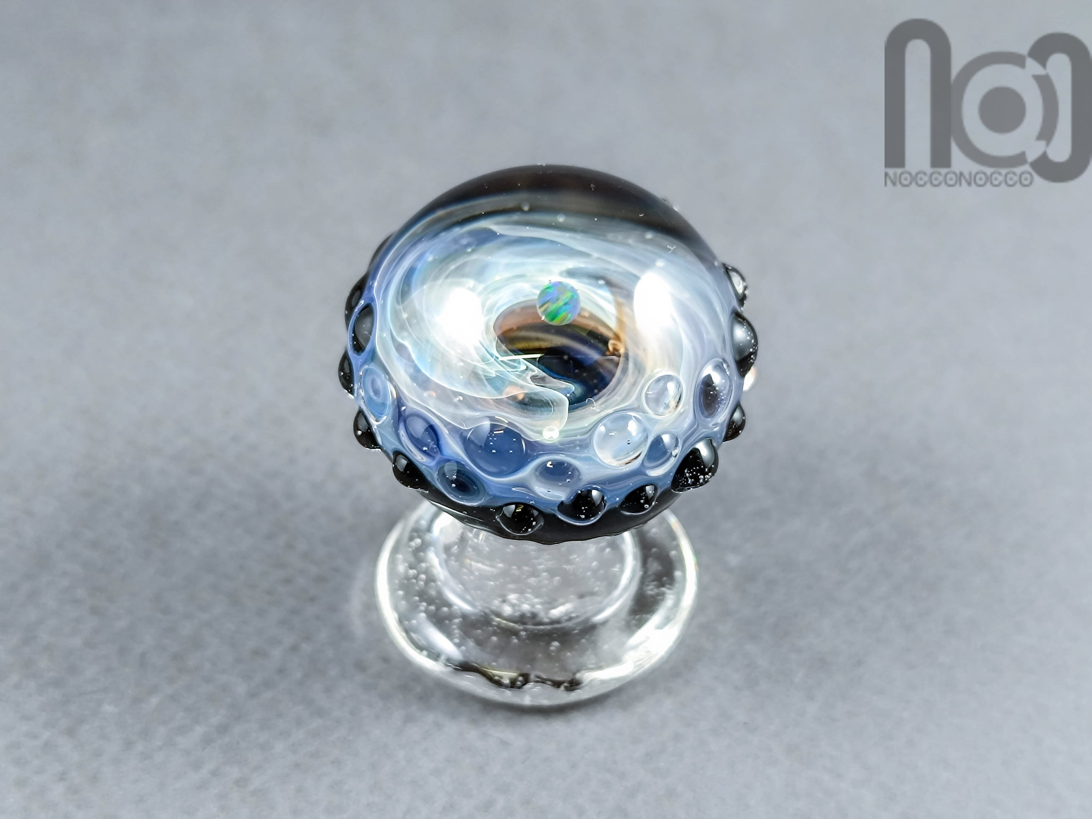 UV Reactive Galaxy Mushroom With An Opal Planet, v484 — handmade borosilicate glass by NoccoNocco, detail view 2 of 5, made in Greece