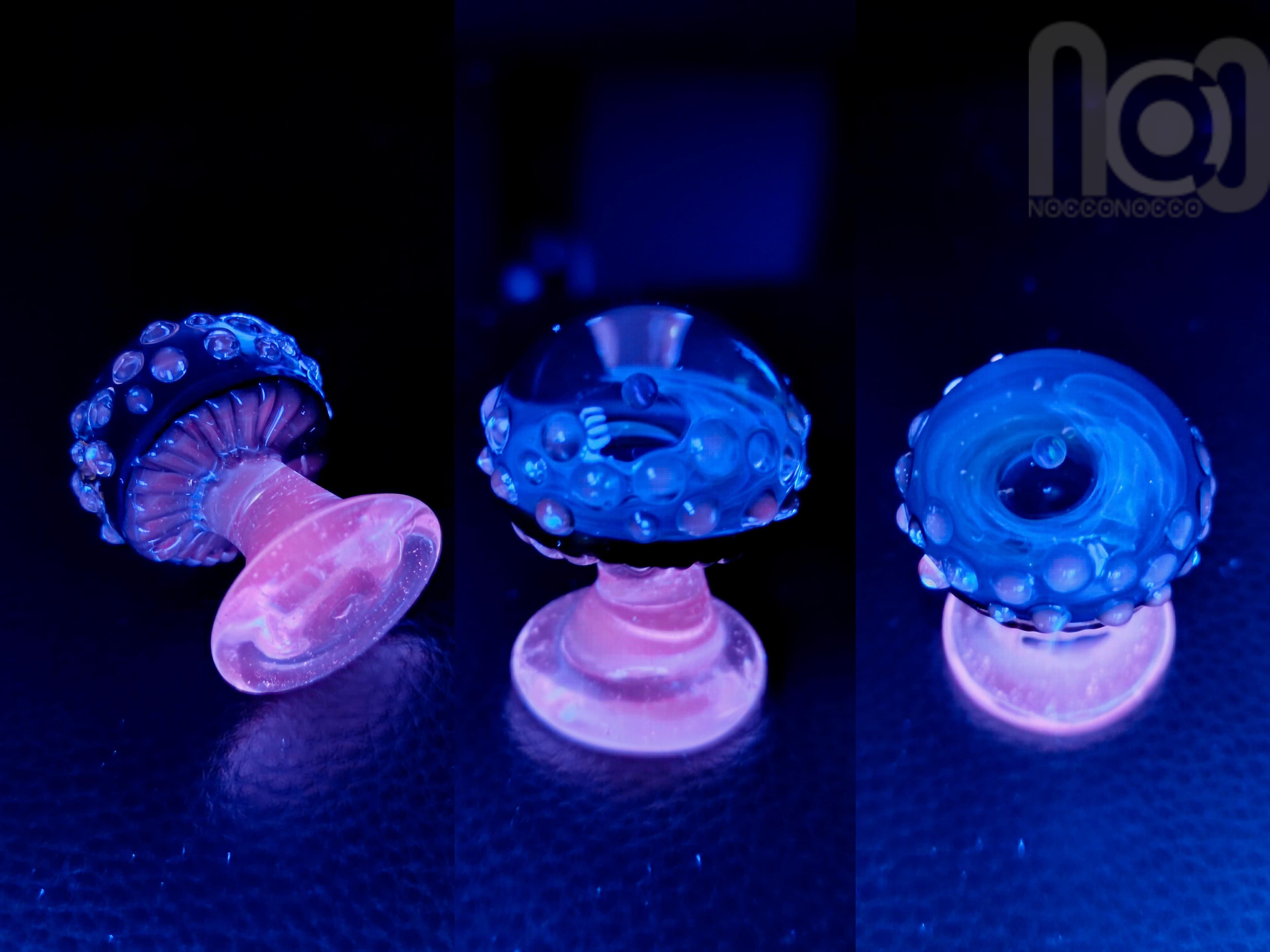 UV Reactive Galaxy Mushroom With An Opal Planet, v484 — handmade borosilicate glass by NoccoNocco, detail view 3 of 5, made in Greece