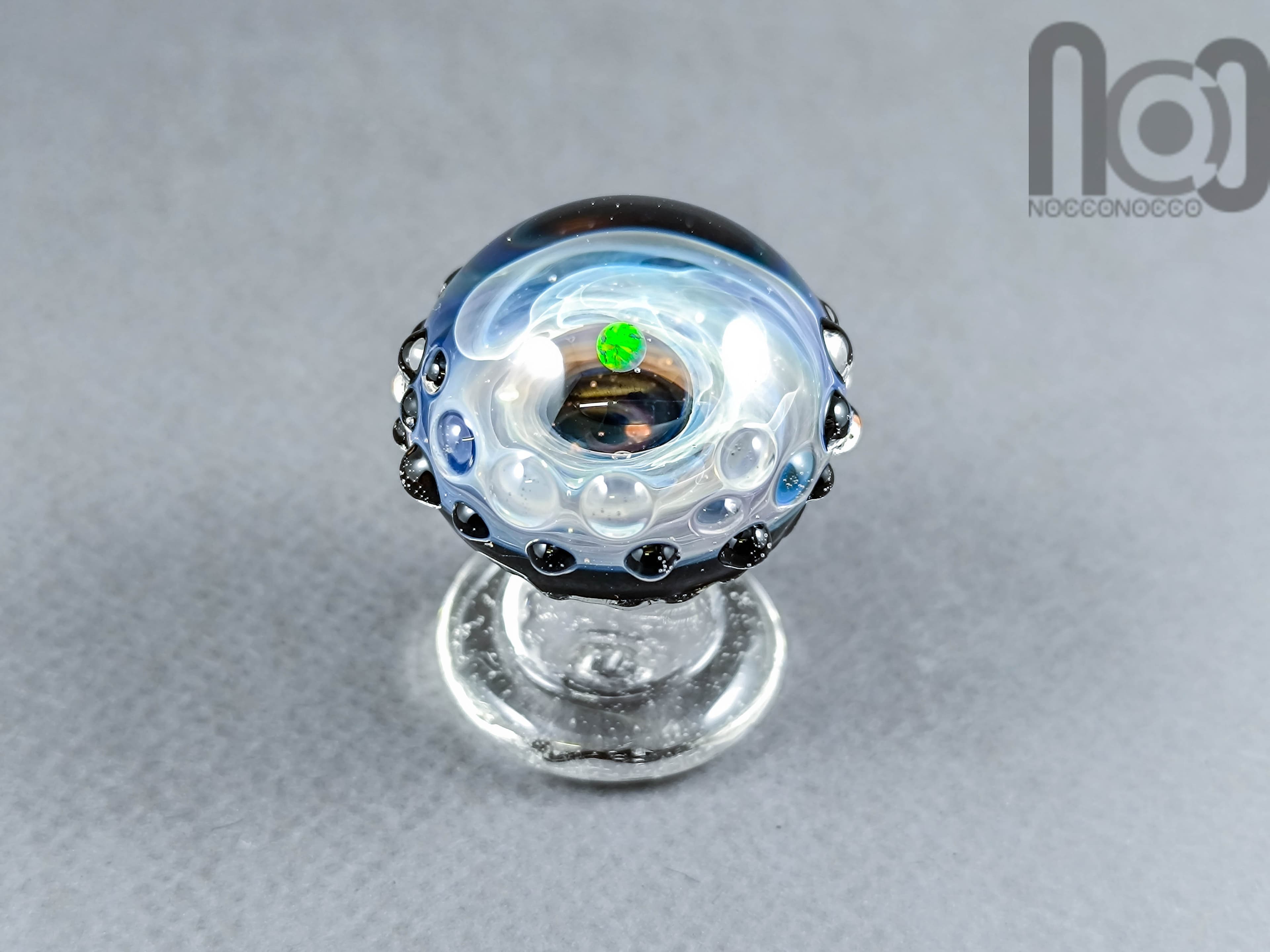 UV Reactive Galaxy Mushroom With An Opal Planet, v484 — handmade borosilicate glass by NoccoNocco, detail view 4 of 5, made in Greece