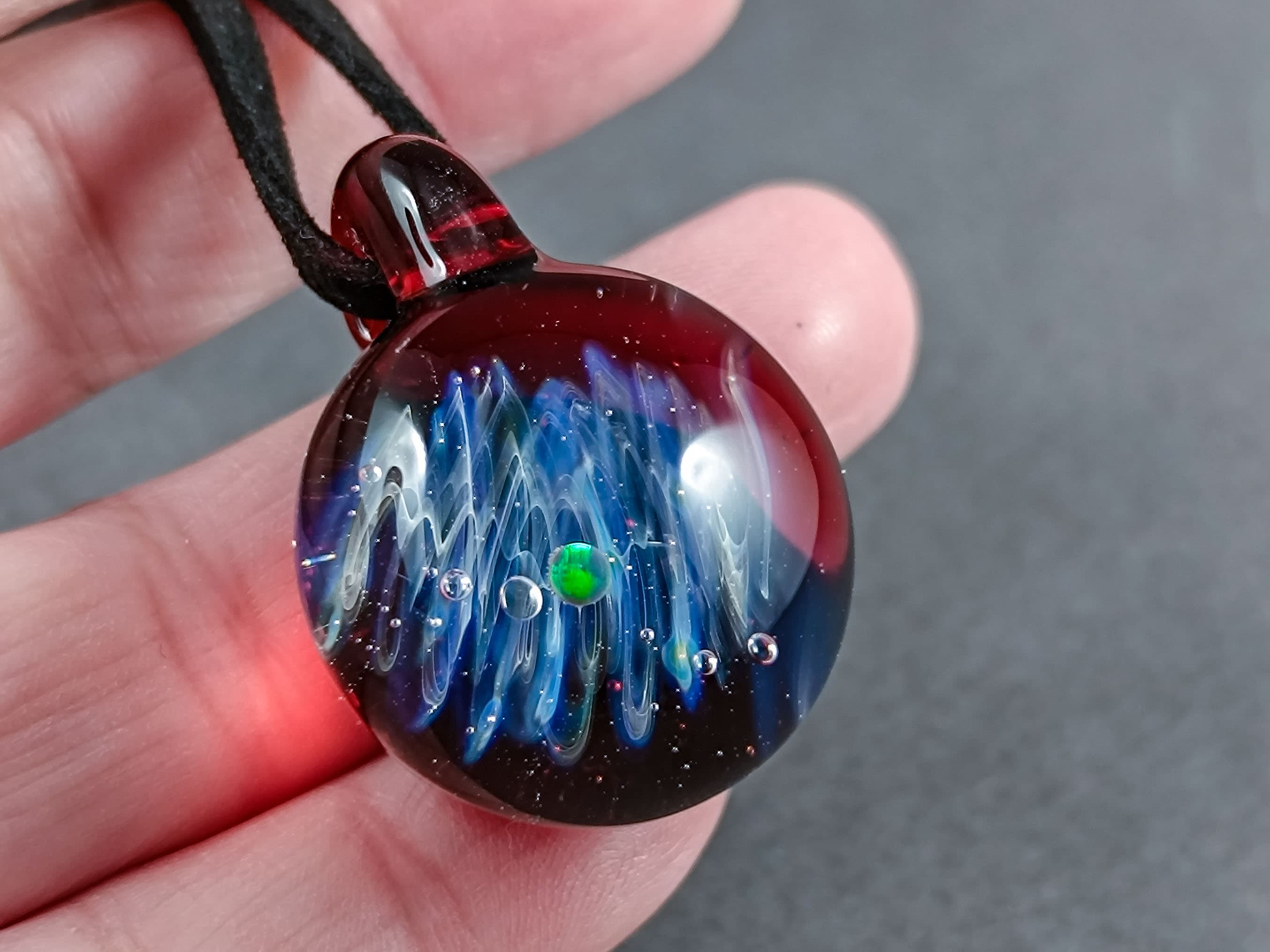 Galaxy Pendant with An Opal Planet, v316 — handmade borosilicate glass by NoccoNocco, detail view 2 of 3, made in Greece