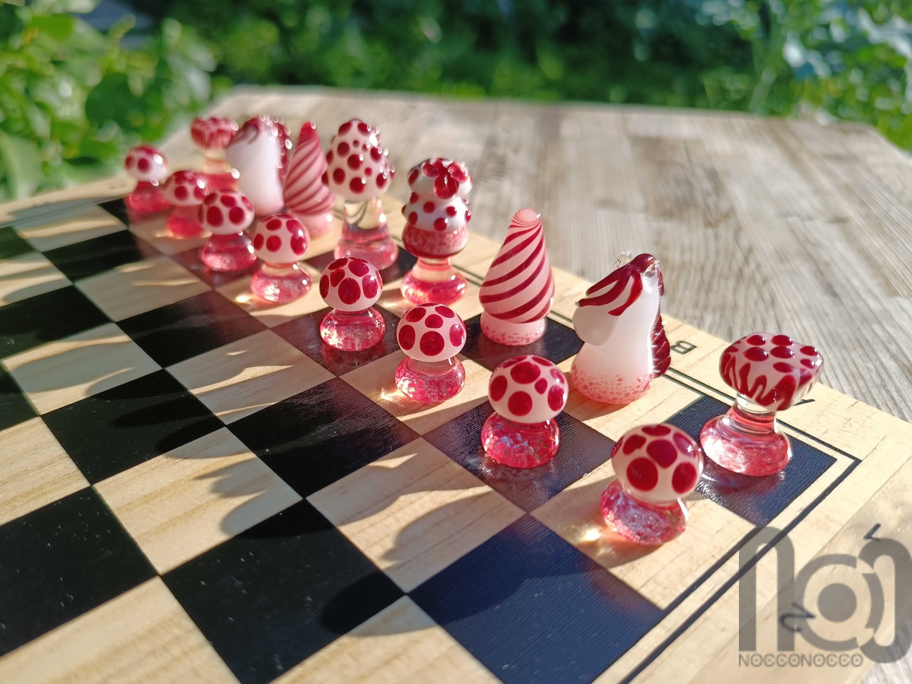 Mushroom Themed Handmade Glass Chess Set -v1 — handmade borosilicate glass by NoccoNocco, main view, made in Greece