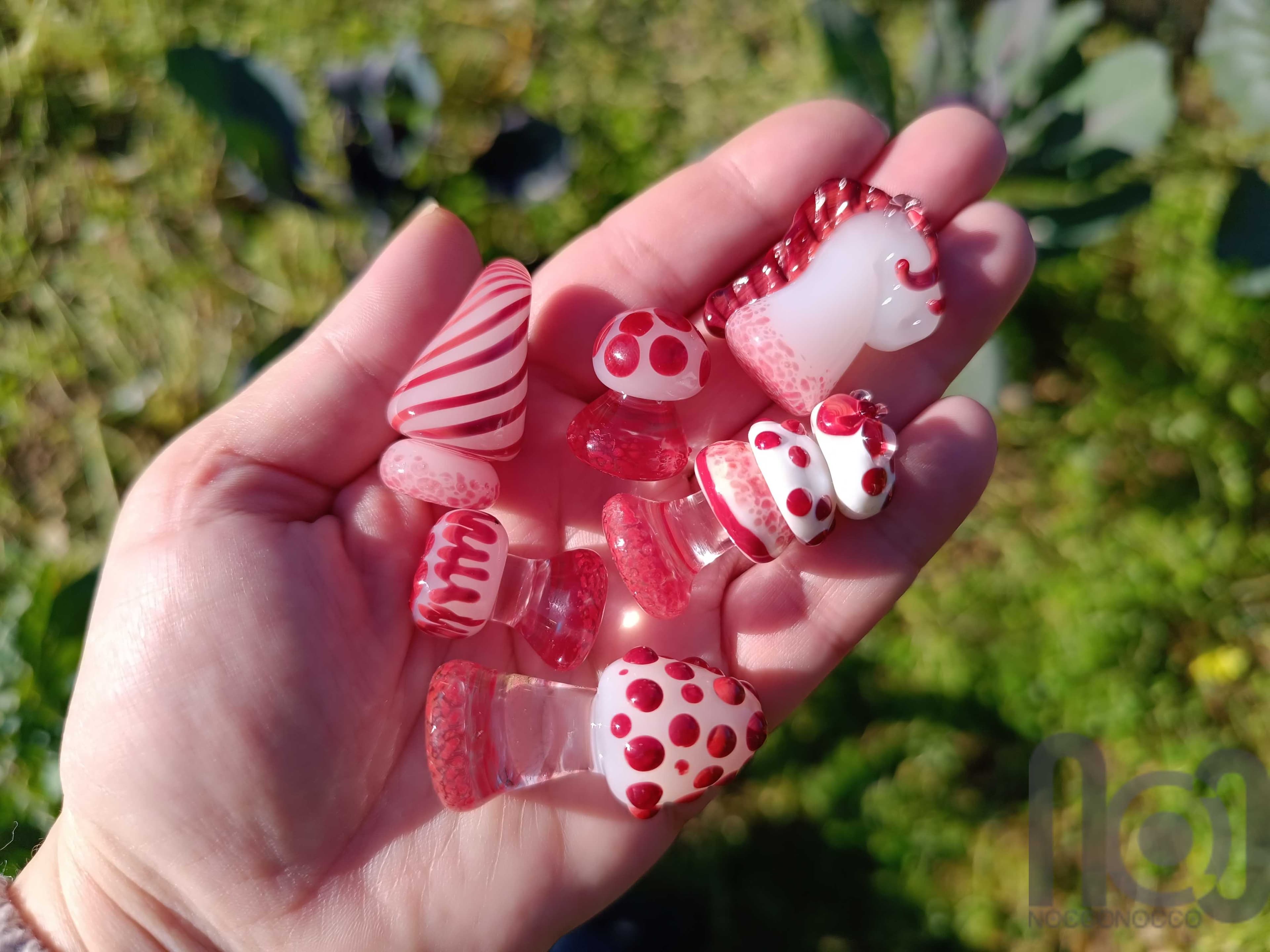 Mushroom Themed Handmade Glass Chess Set -v1 — handmade borosilicate glass by NoccoNocco, detail view 2 of 6, made in Greece