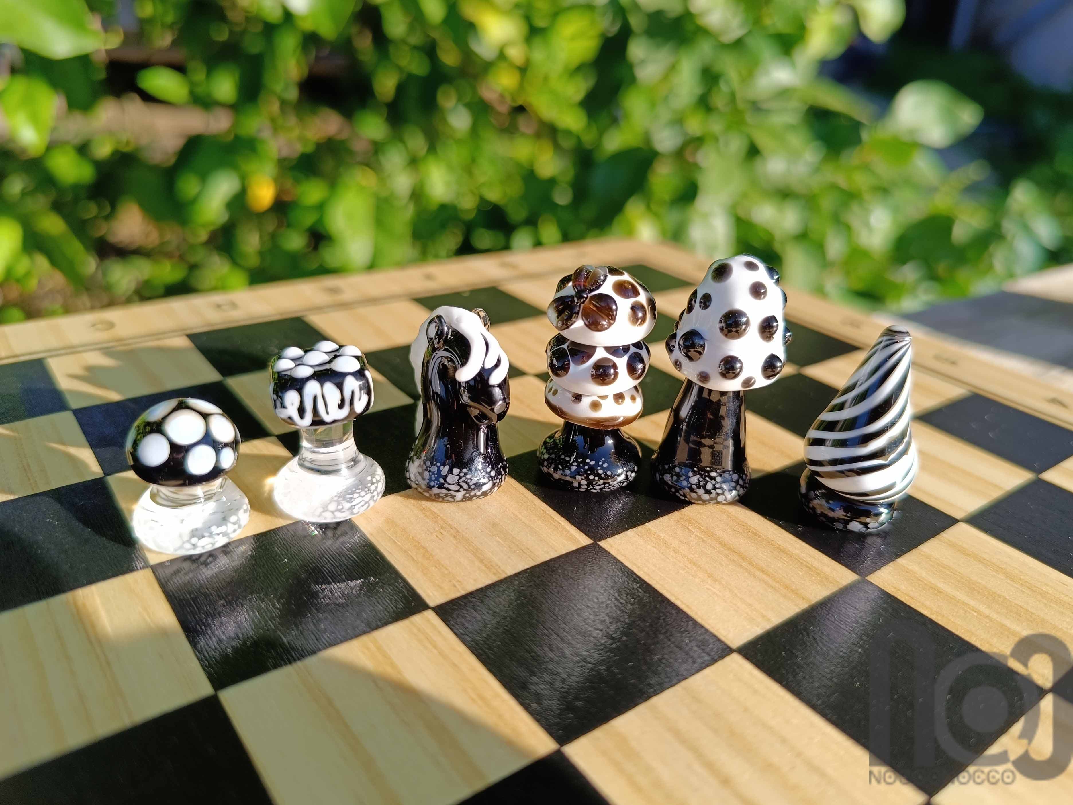 Mushroom Themed Handmade Glass Chess Set -v1 — handmade borosilicate glass by NoccoNocco, detail view 4 of 6, made in Greece