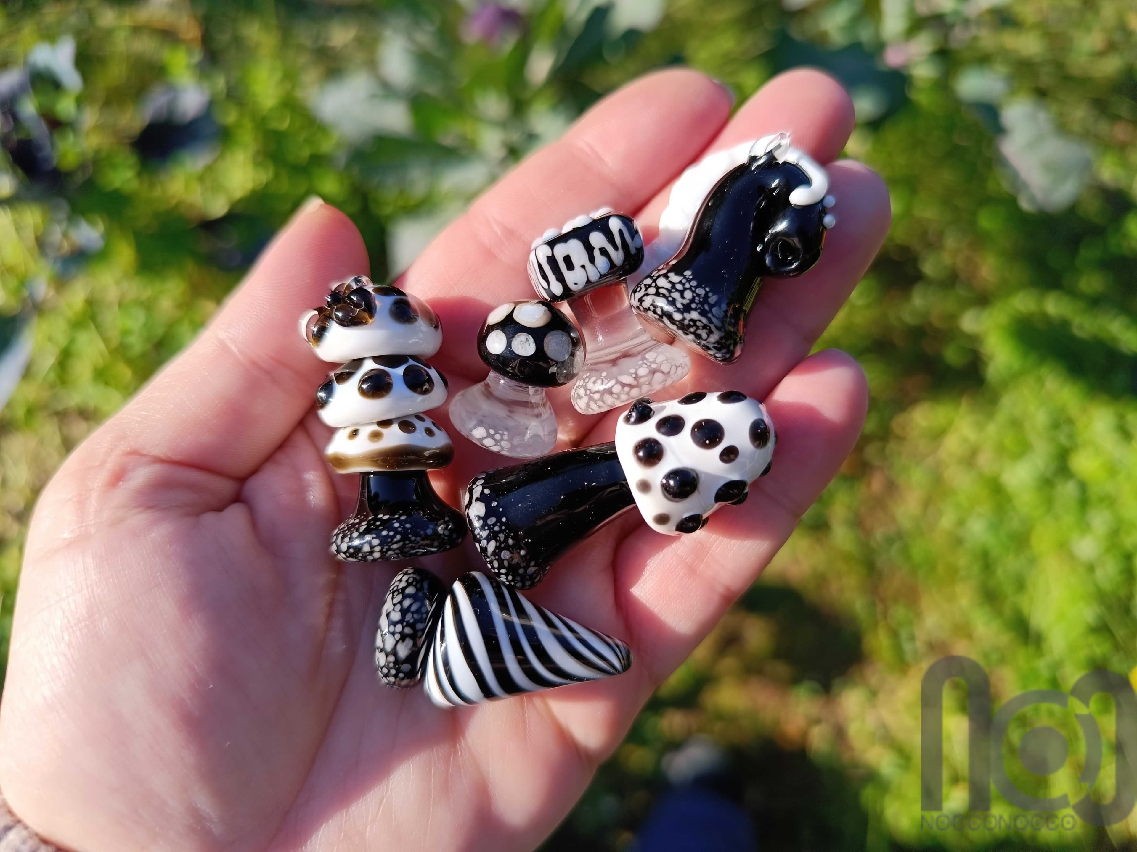 Mushroom Themed Handmade Glass Chess Set -v1 — handmade borosilicate glass by NoccoNocco, detail view 3 of 6, made in Greece