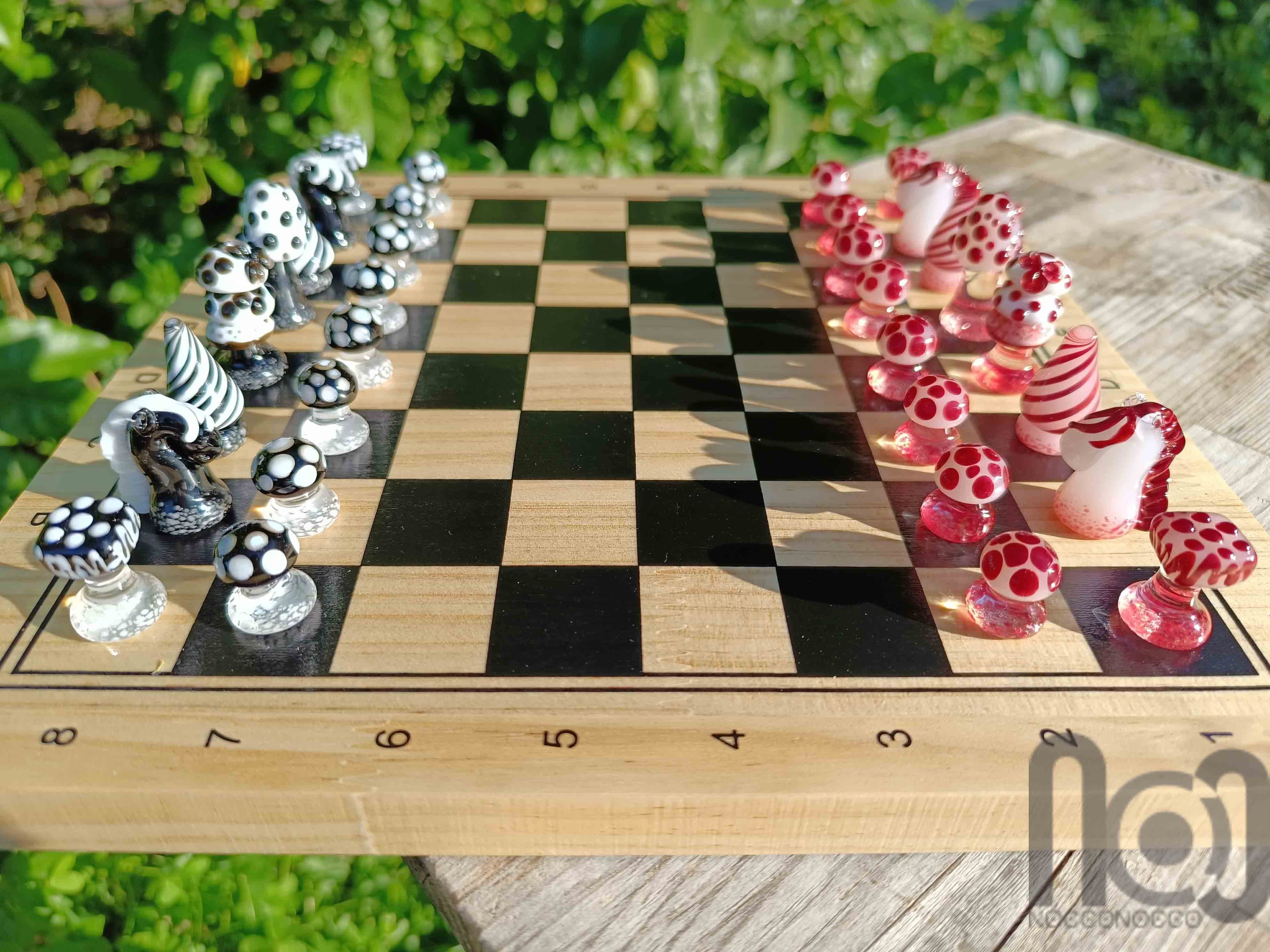 Mushroom Themed Handmade Glass Chess Set -v1 — handmade borosilicate glass by NoccoNocco, detail view 5 of 6, made in Greece