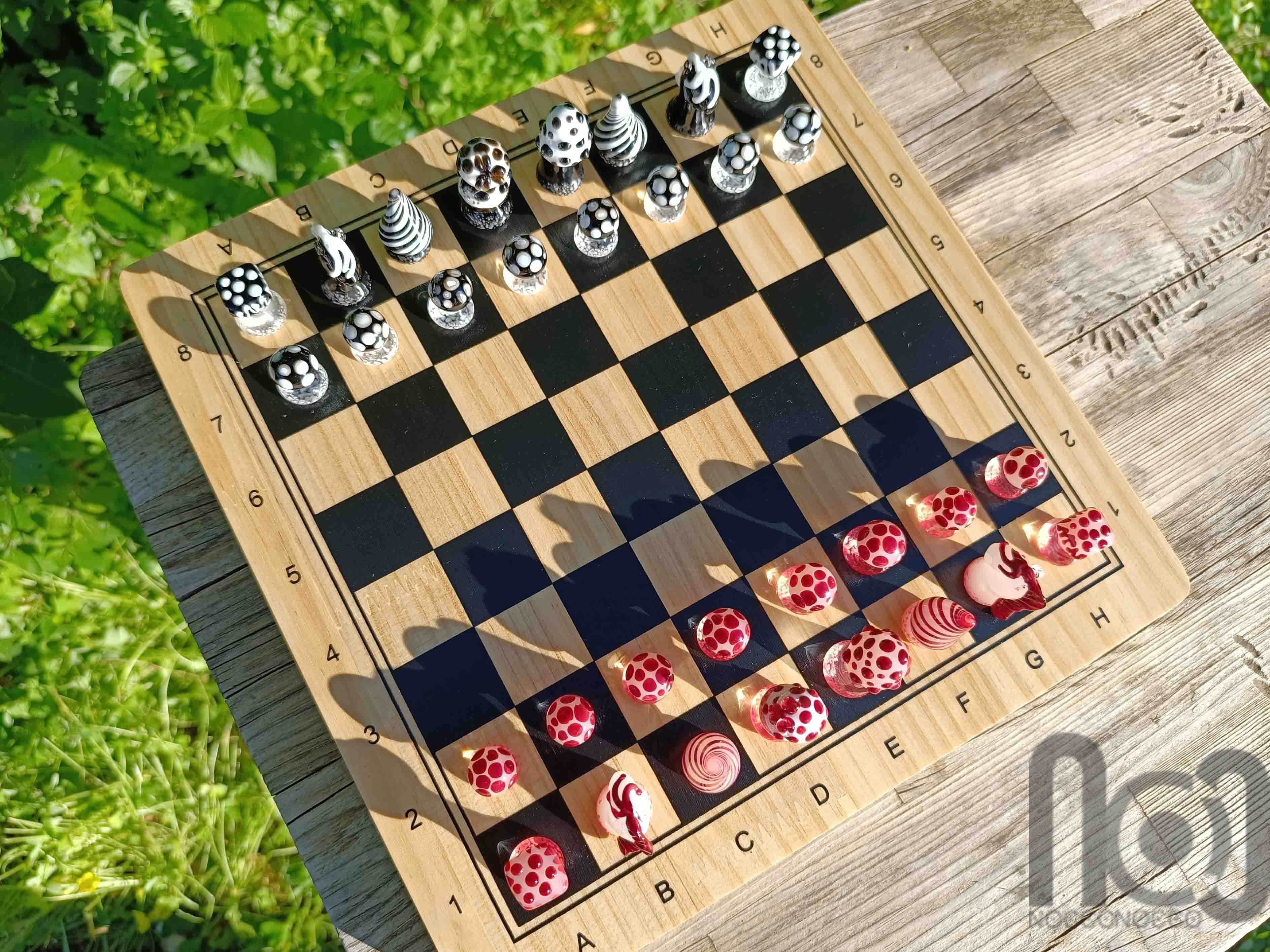Mushroom Themed Handmade Glass Chess Set -v1 — handmade borosilicate glass by NoccoNocco, detail view 6 of 6, made in Greece