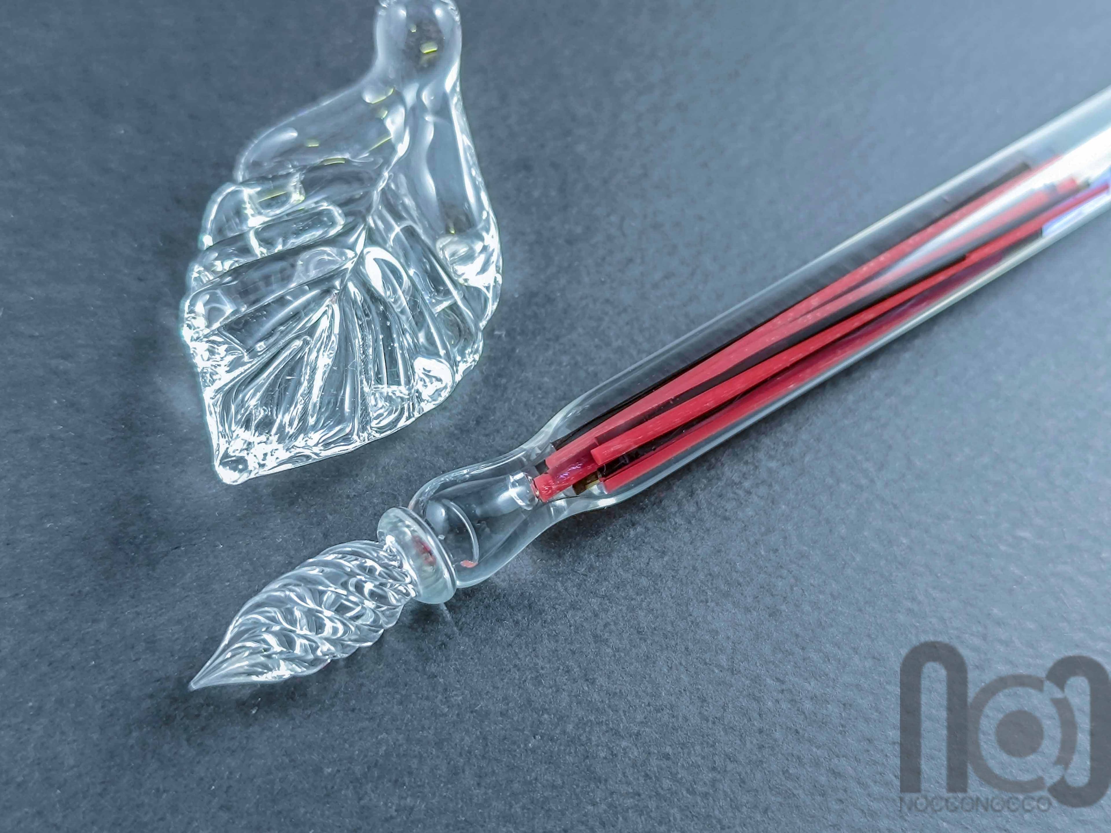 Glass Dip Pen filled with colorful glass pieces, and a galaxy marble on top, v095 — handmade borosilicate glass by NoccoNocco, main view, made in Greece