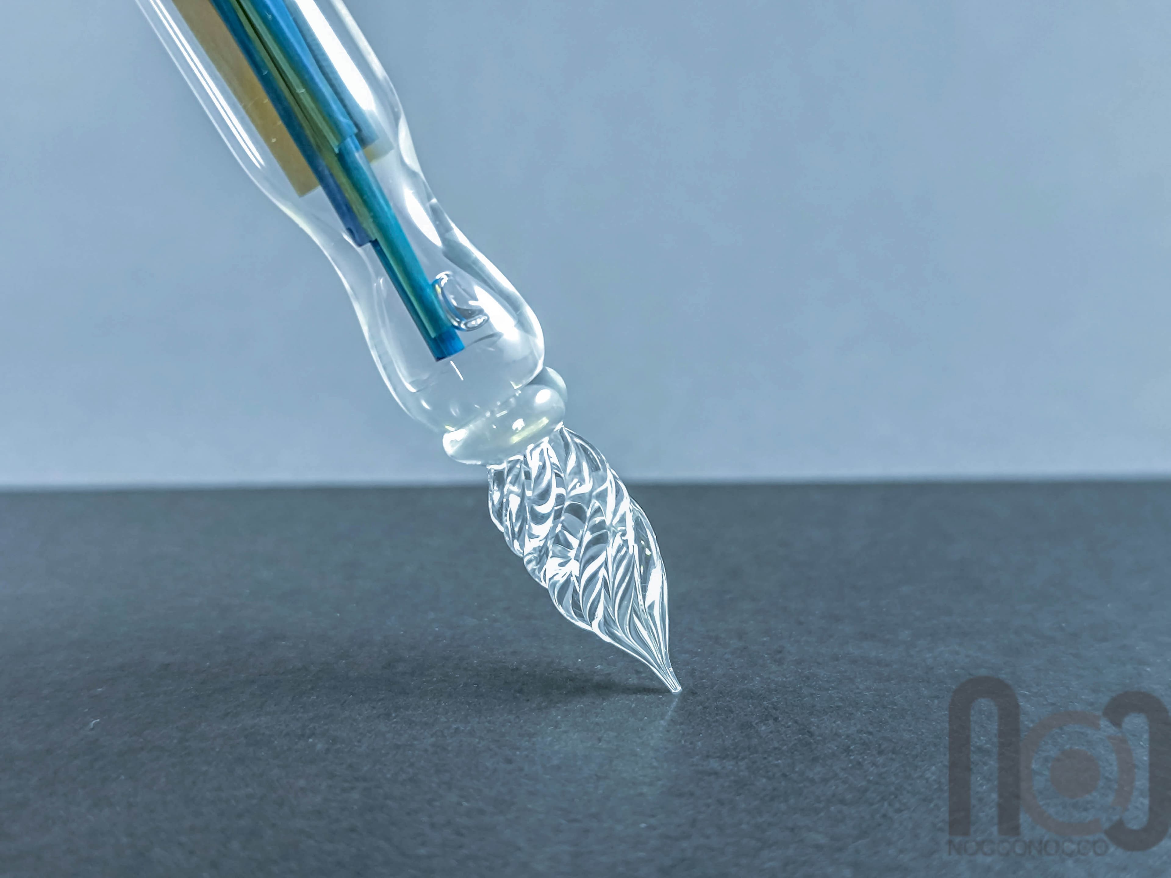 Glass Dip Pen filled with colorful glass pieces, and a galaxy marble on top, v096 — handmade borosilicate glass by NoccoNocco, detail view 3 of 4, made in Greece