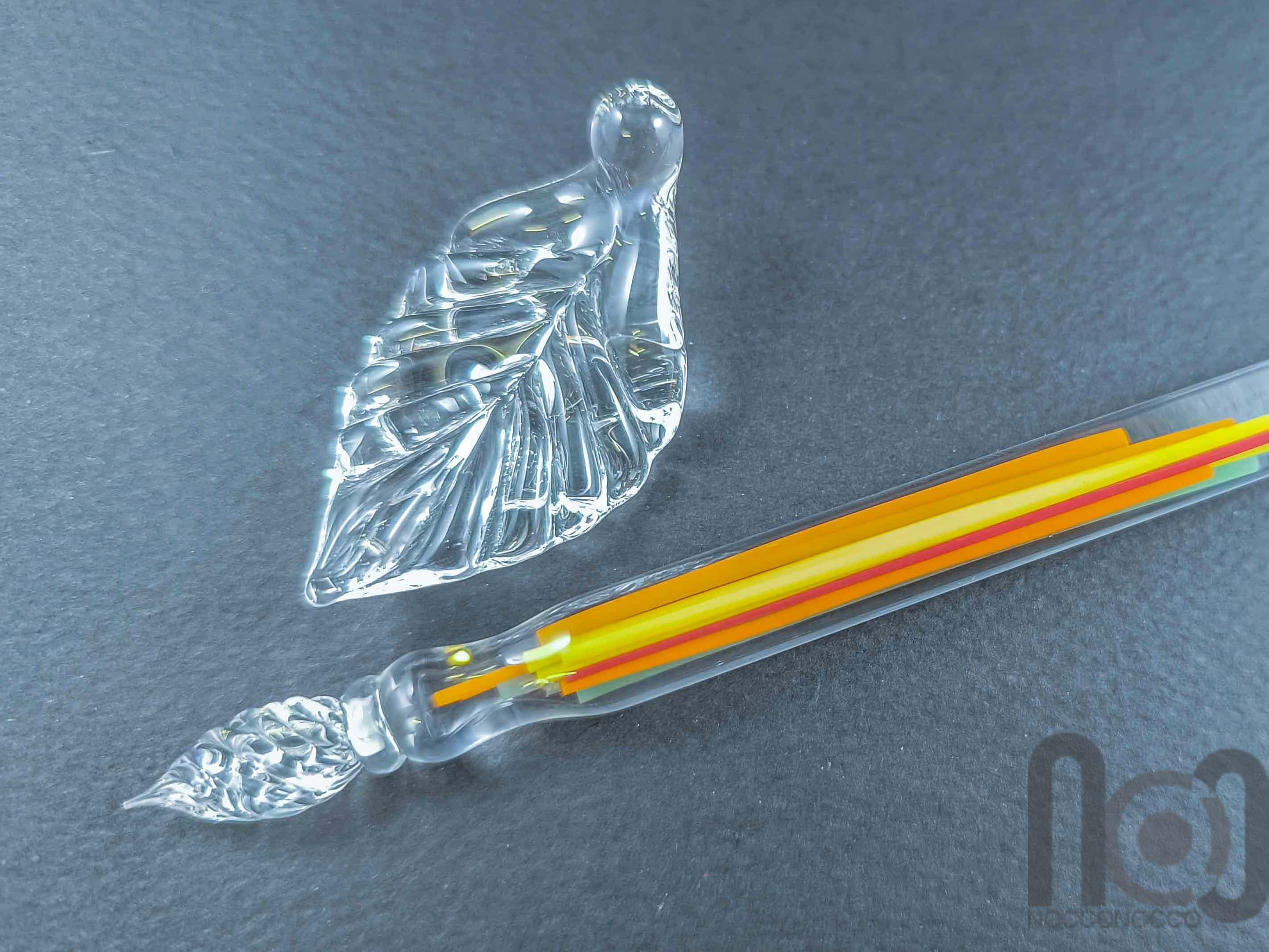Glass Dip Pen filled with colorful glass pieces, and a galaxy marble on top, v097 — handmade borosilicate glass by NoccoNocco, main view, made in Greece