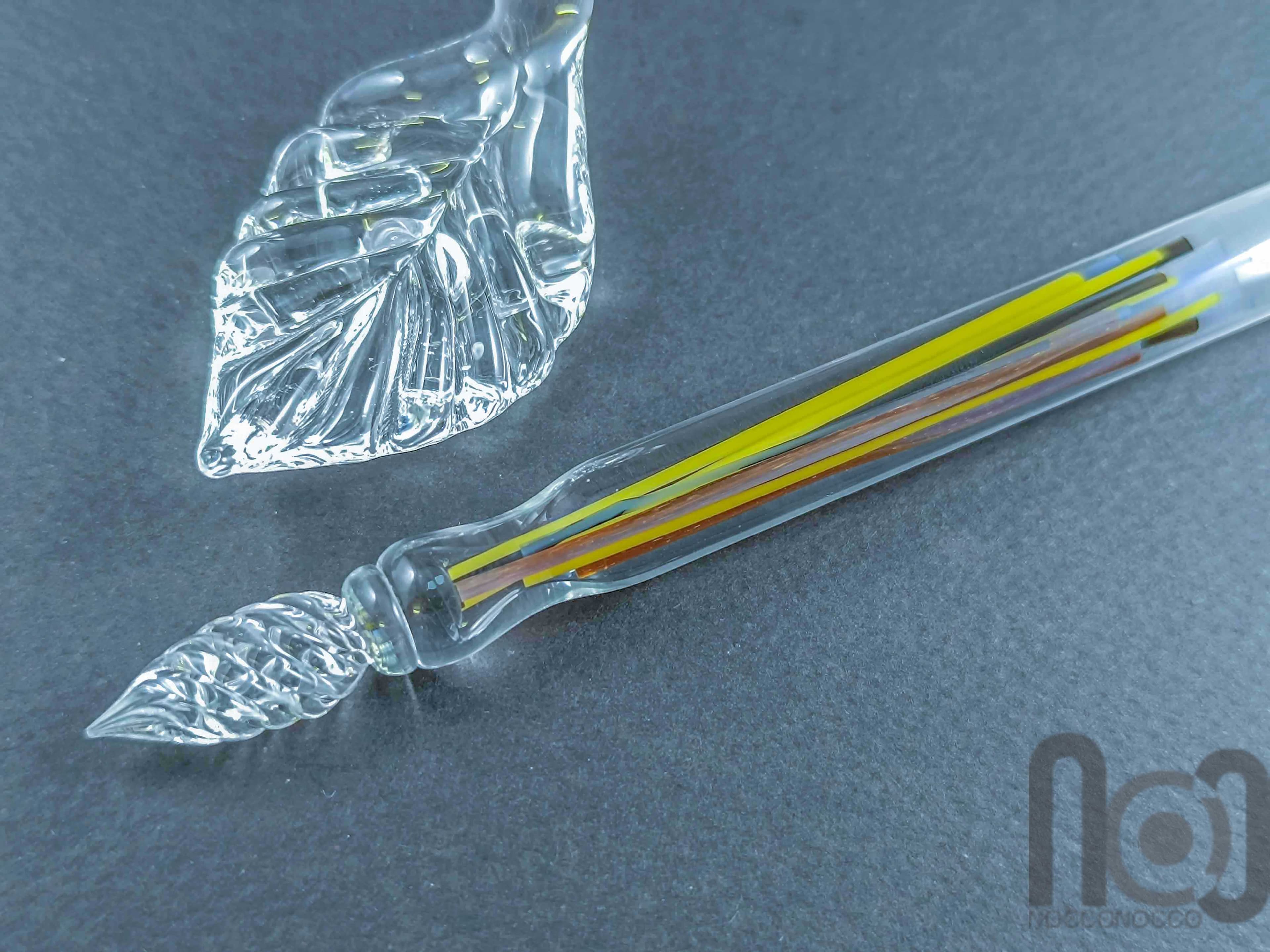 Glass Dip Pen filled with colorful glass pieces, and a galaxy marble on top, v098 — handmade borosilicate glass by NoccoNocco, main view, made in Greece