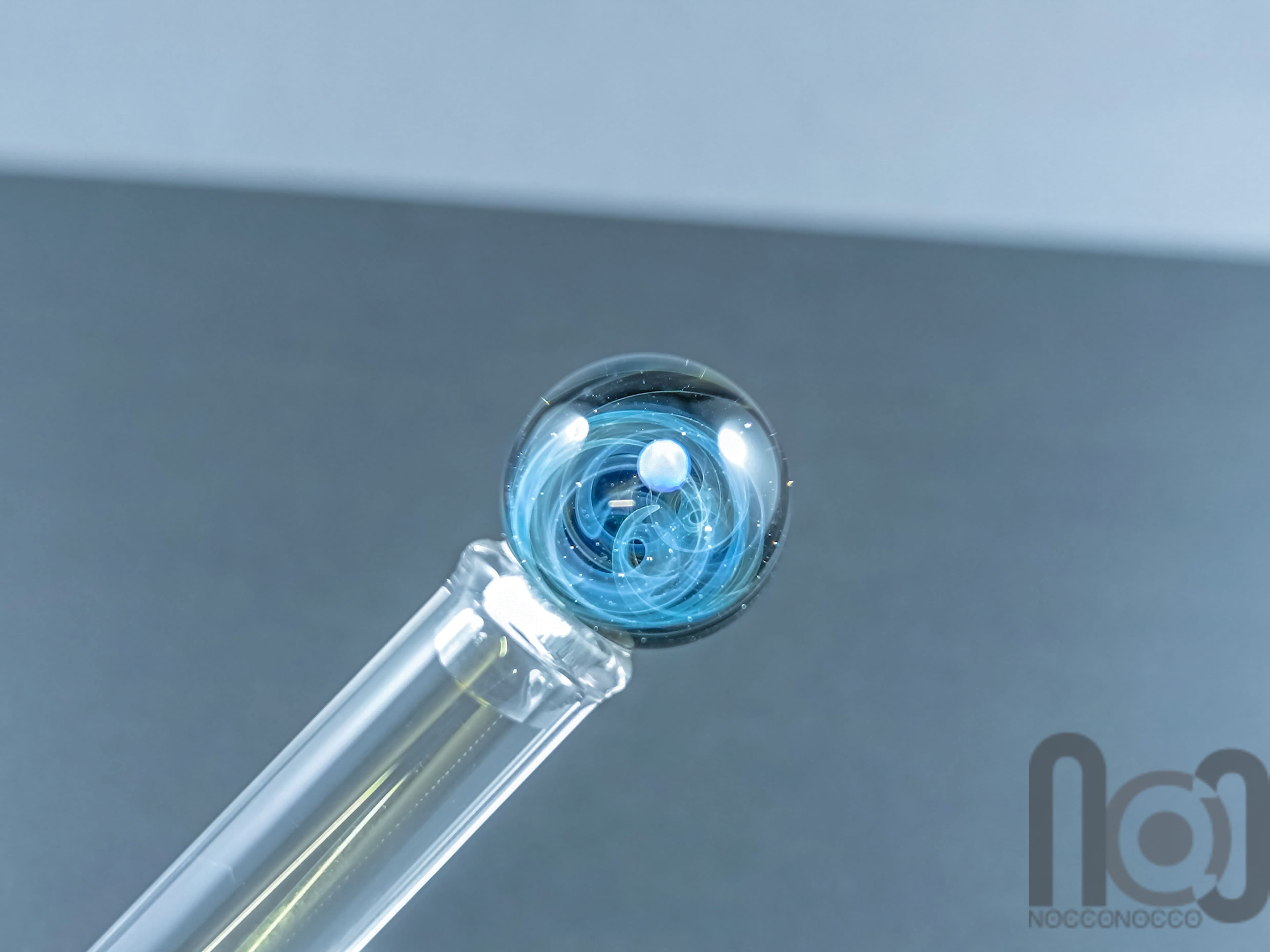 Glass Dip Pen filled with colorful glass pieces, and a galaxy marble on top, v098 — handmade borosilicate glass by NoccoNocco, detail view 4 of 4, made in Greece