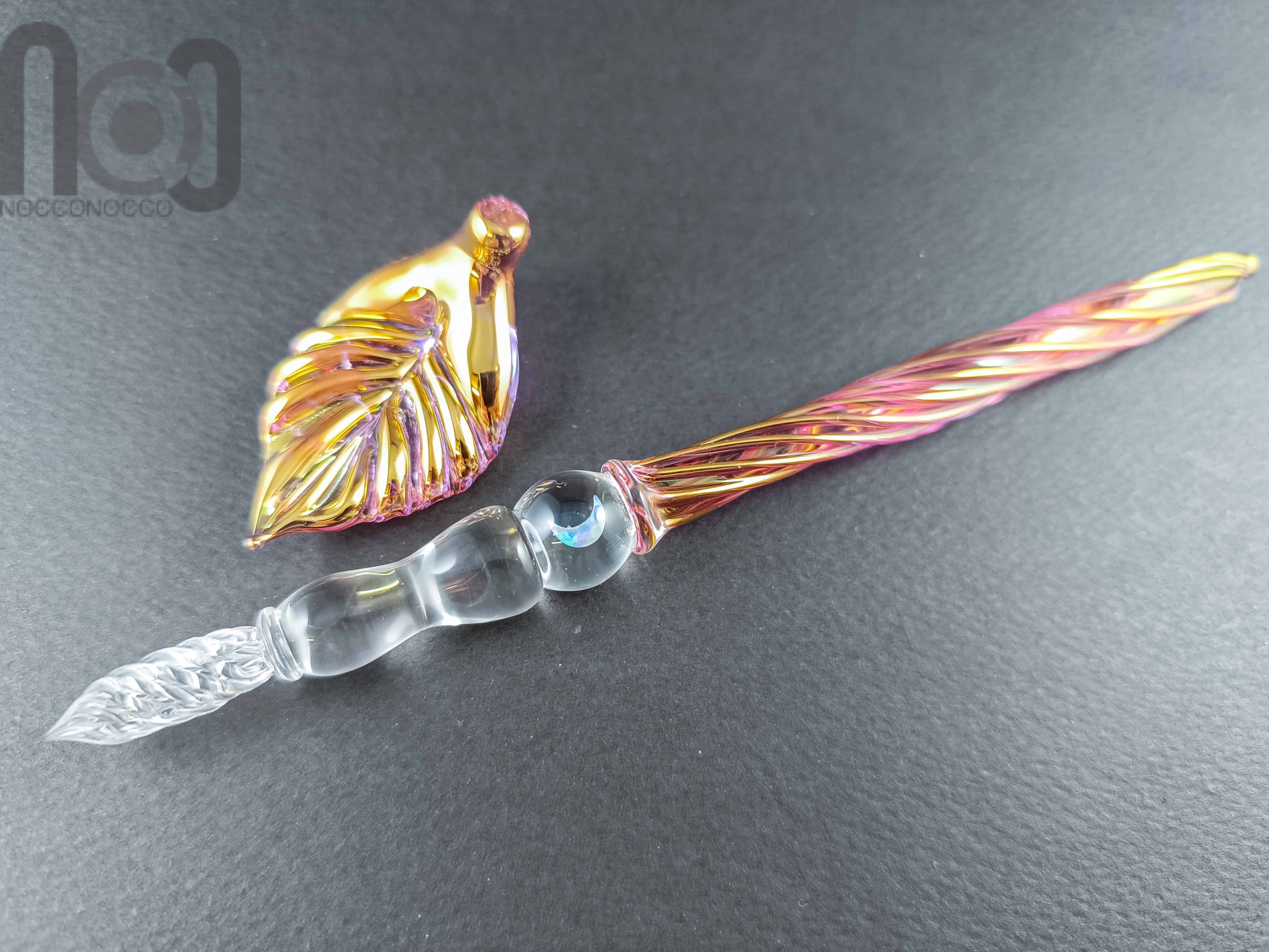 Gold and Fine Silver Fumed Dip Pen with Opal, v102 — handmade borosilicate glass by NoccoNocco, detail view 3 of 5, made in Greece