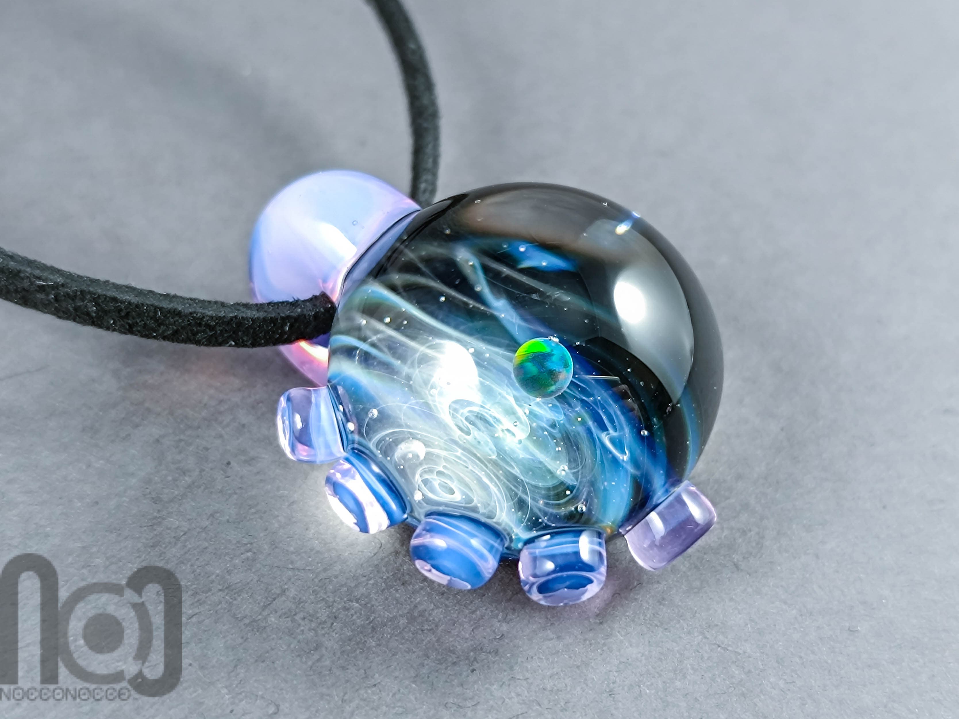 Heady Glass Galaxy Pendant with Opal Planet, v331 — handmade borosilicate glass by NoccoNocco, main view, made in Greece