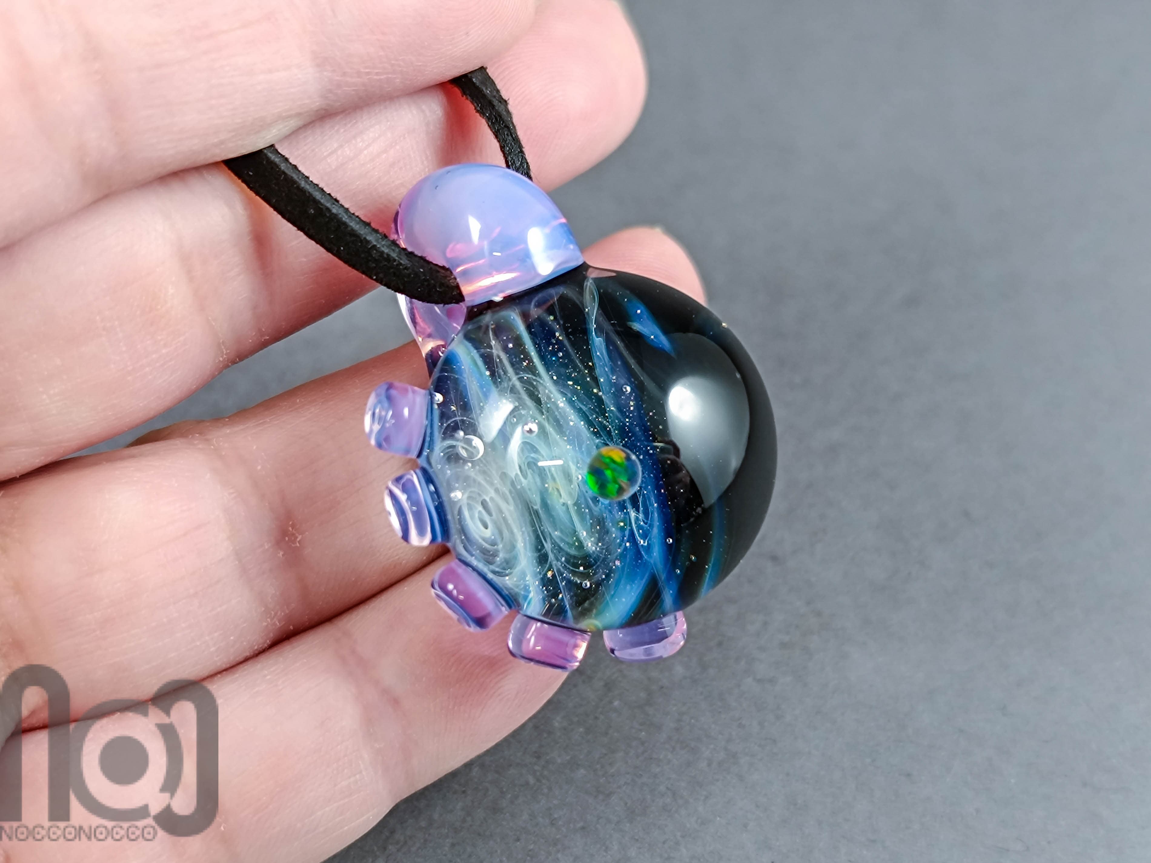 Heady Glass Galaxy Pendant with Opal Planet, v331 — handmade borosilicate glass by NoccoNocco, detail view 4 of 4, made in Greece
