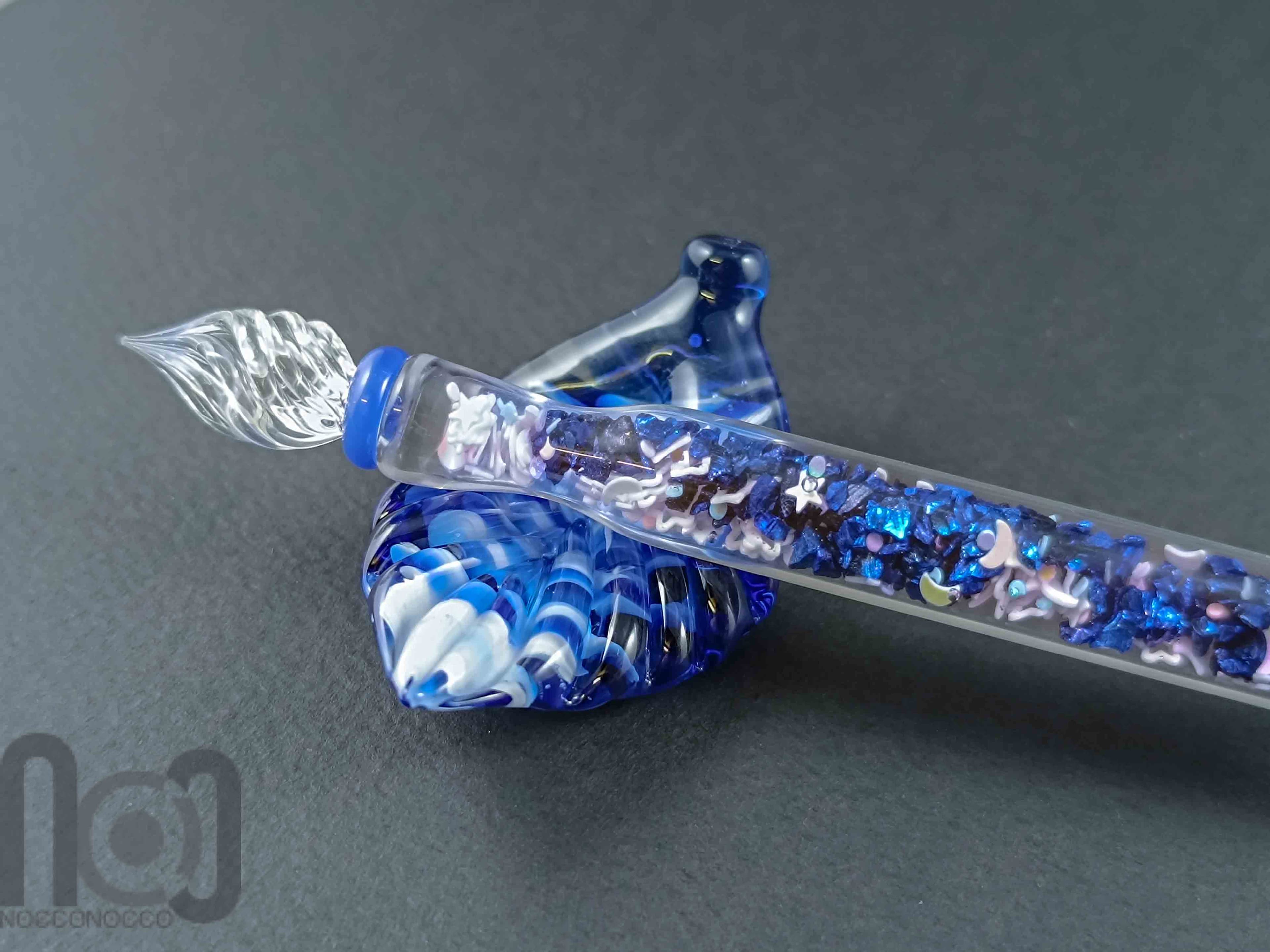 Handmade Glass Dip Pen with Galaxy Marble and Star Flakes — handmade borosilicate glass by NoccoNocco, detail view 3 of 6, made in Greece