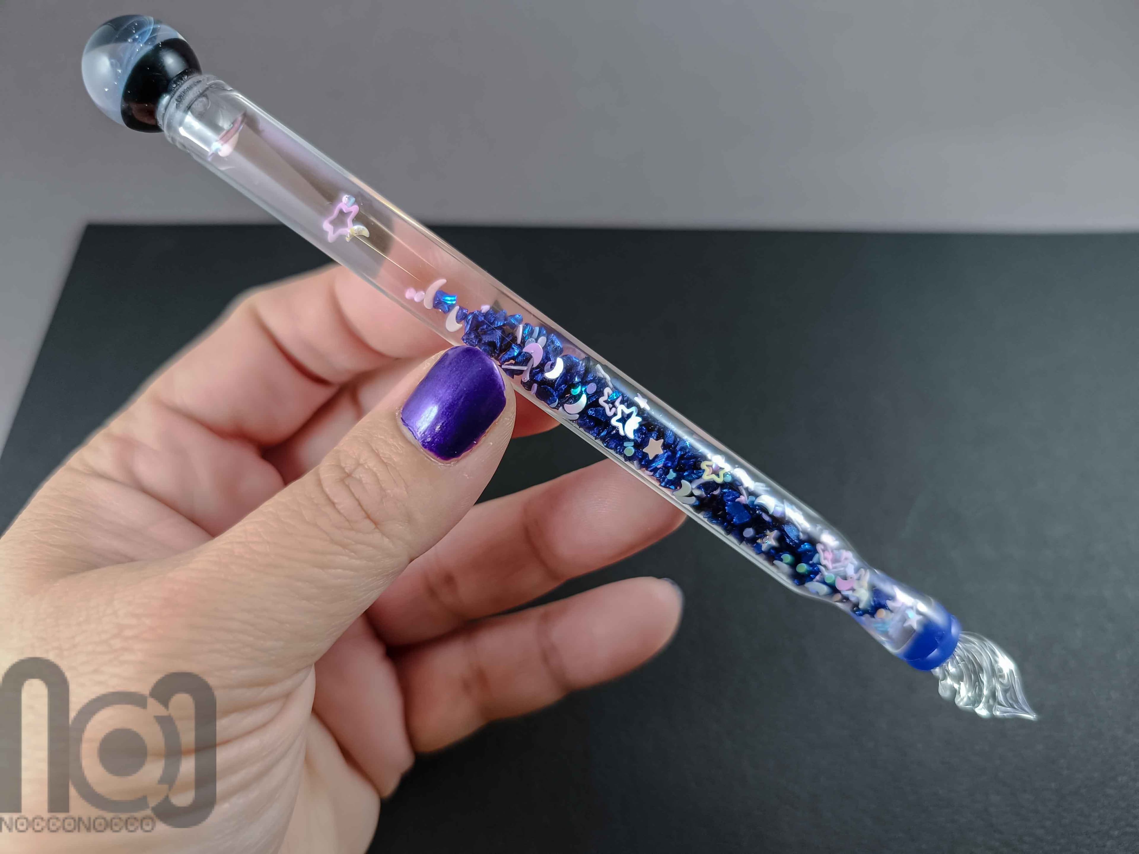 Handmade Glass Dip Pen with Galaxy Marble and Star Flakes — handmade borosilicate glass by NoccoNocco, detail view 4 of 6, made in Greece